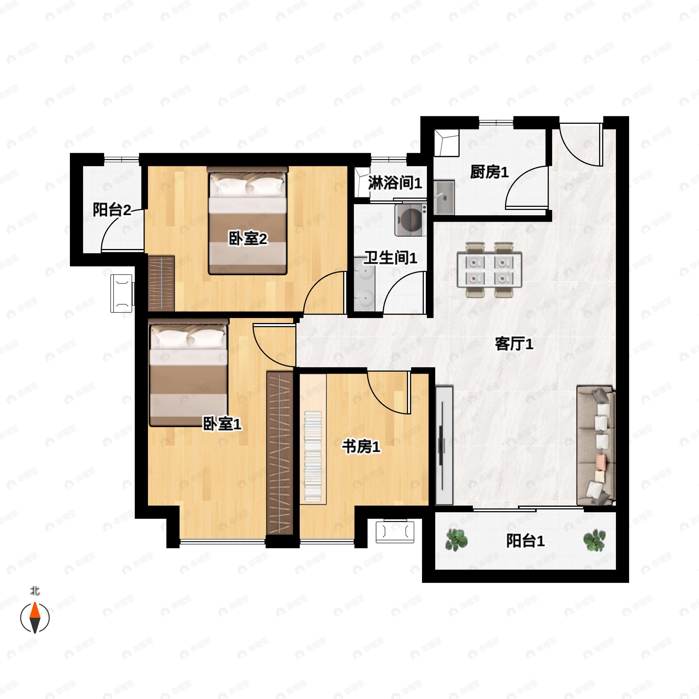 3室2厅1卫建面107平西南户型图