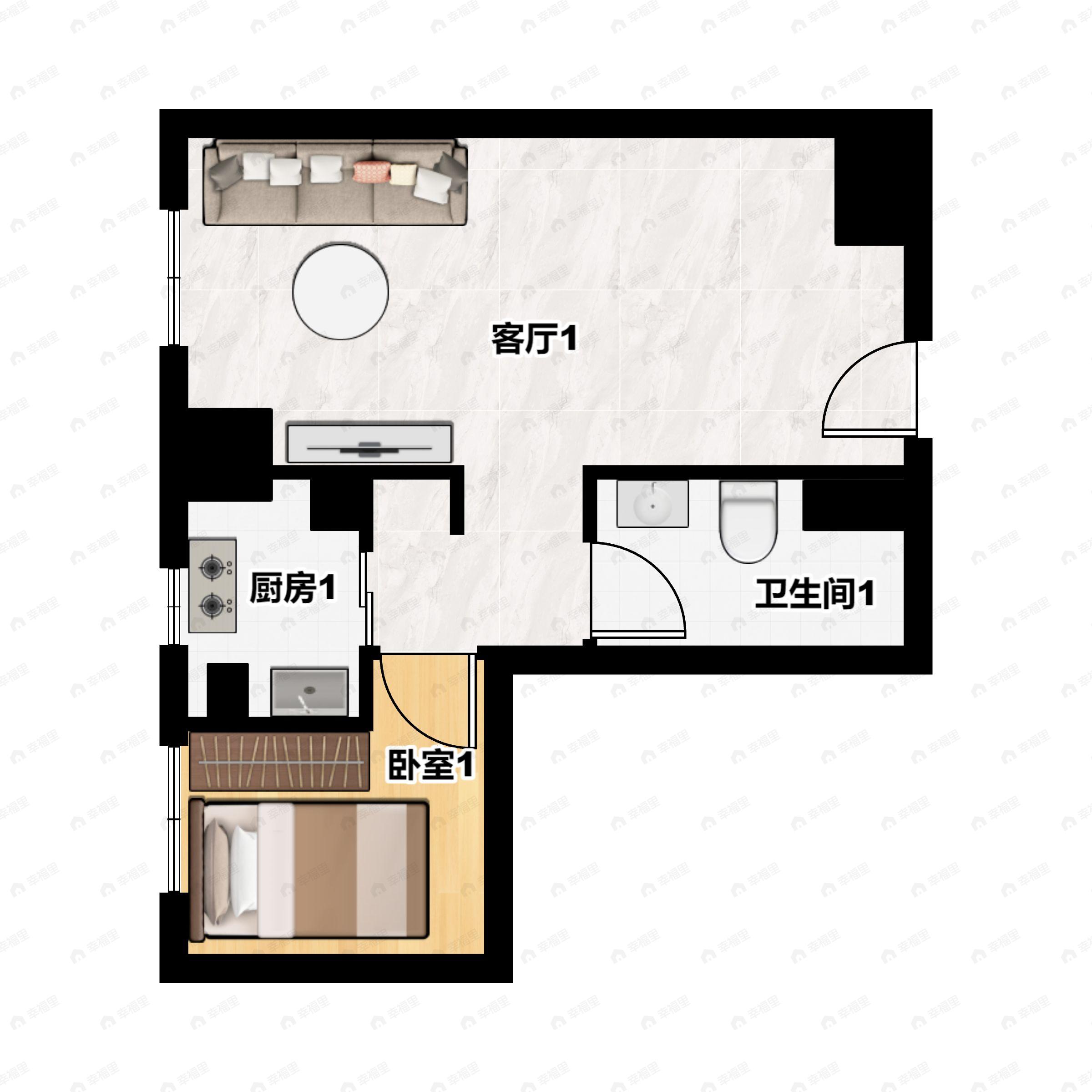 1室1厅1卫建面52m²西户型图