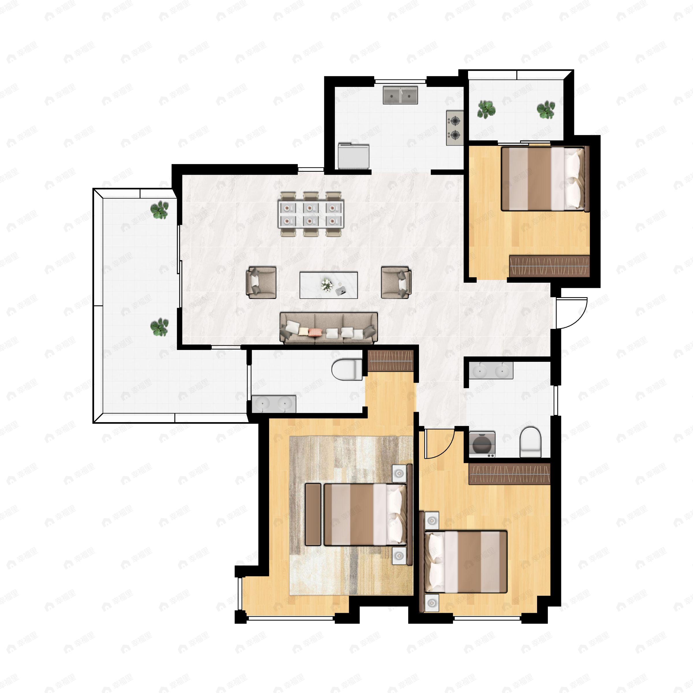 3室2厅2卫建面128m²南户型图