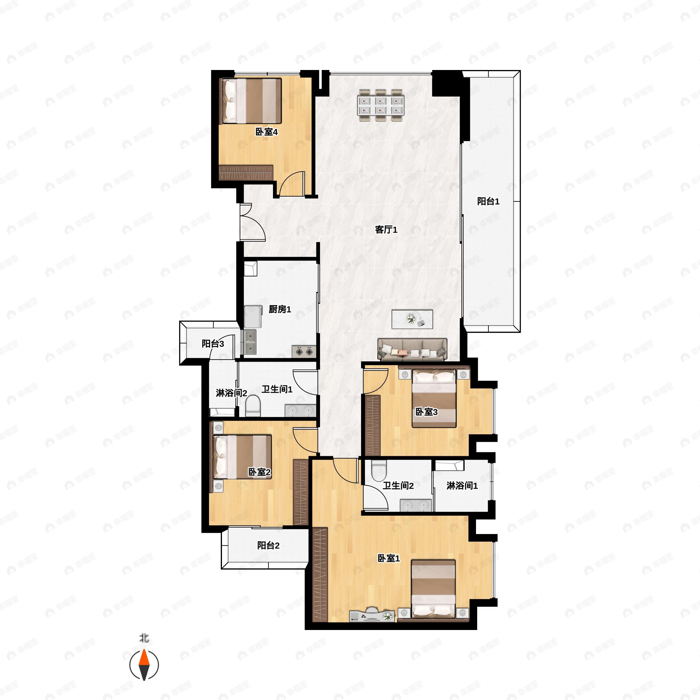 4室2厅2卫建面174平南户型图