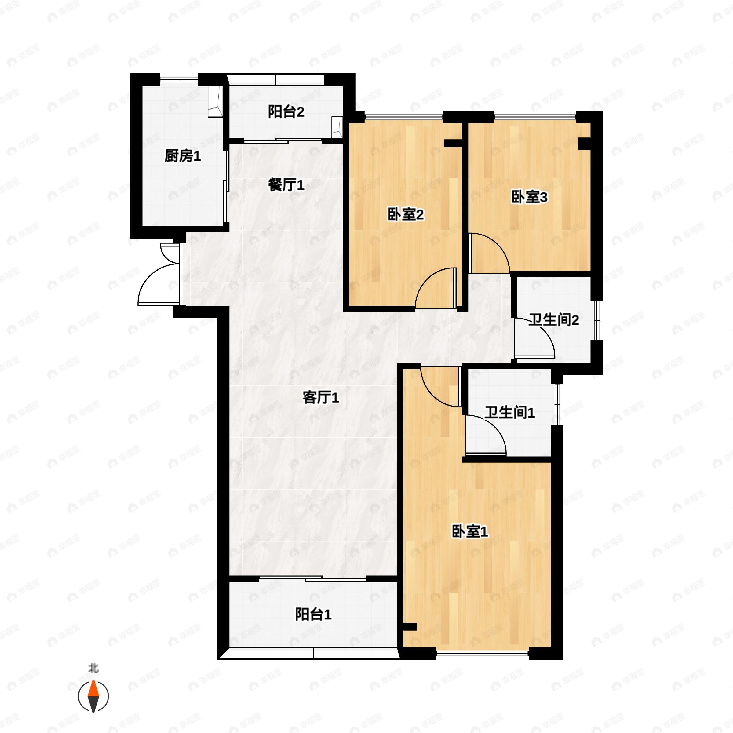 3室2厅2卫建面131平北|南户型图