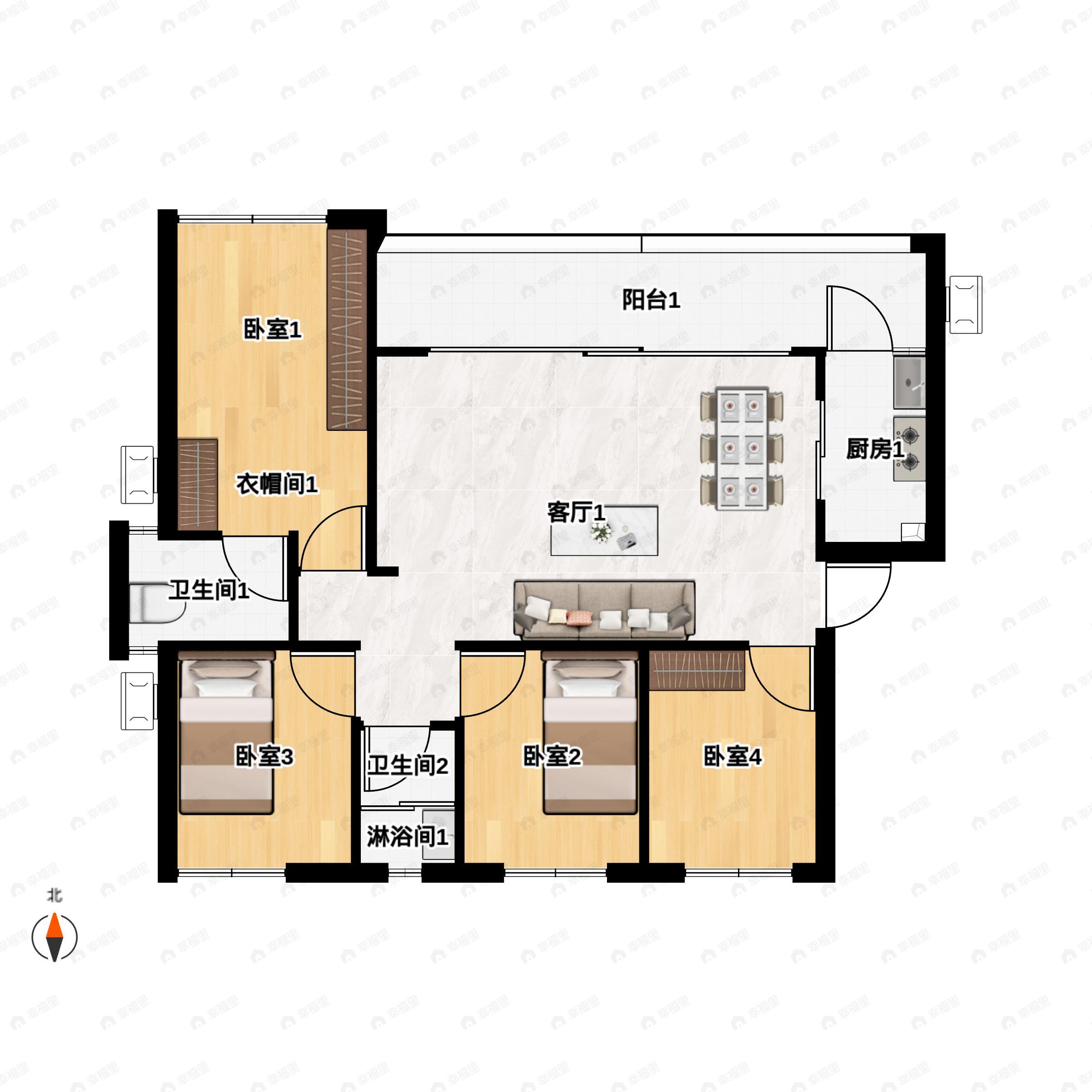 4室2厅3卫建面141平南户型图