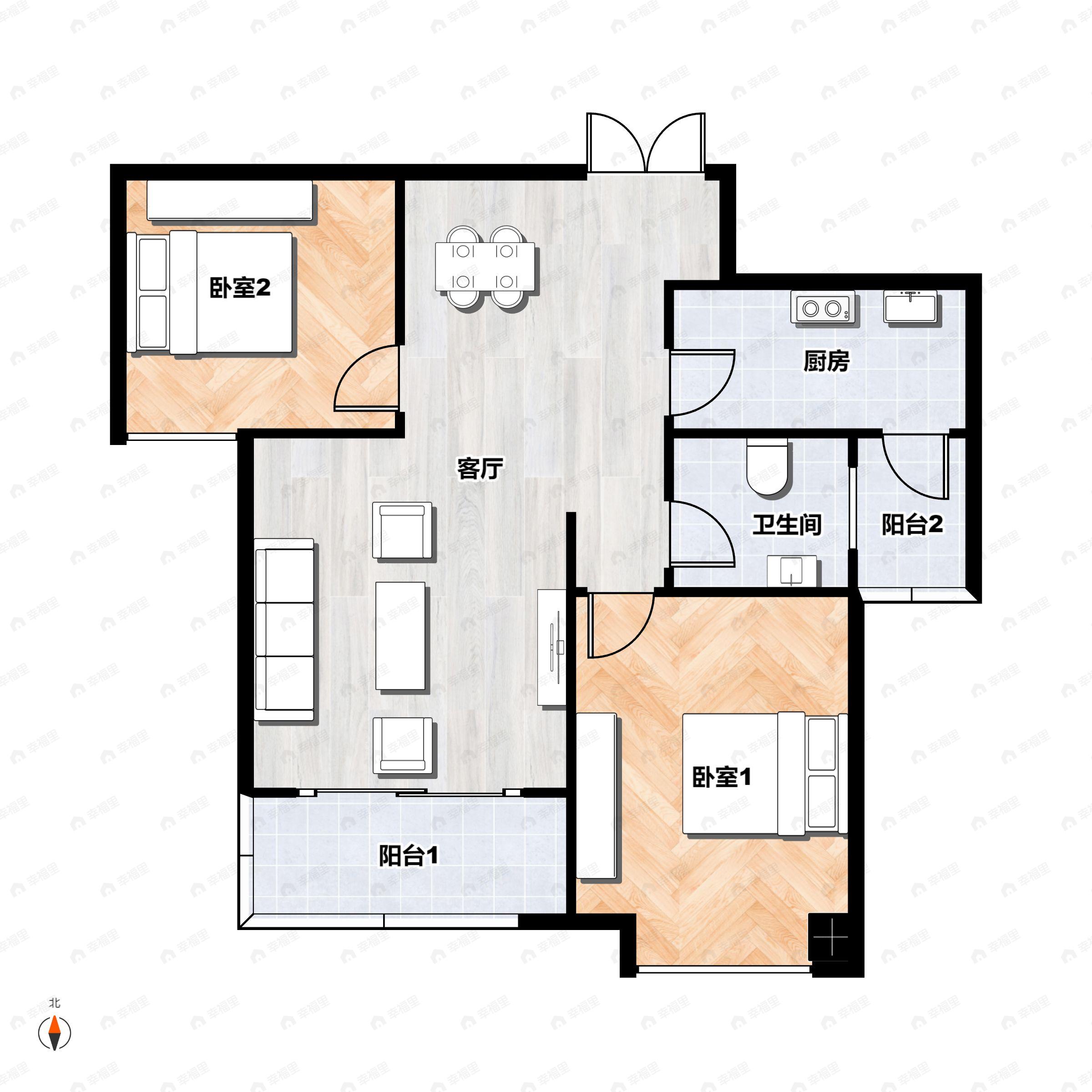 2室2厅1卫建面82m²南户型图