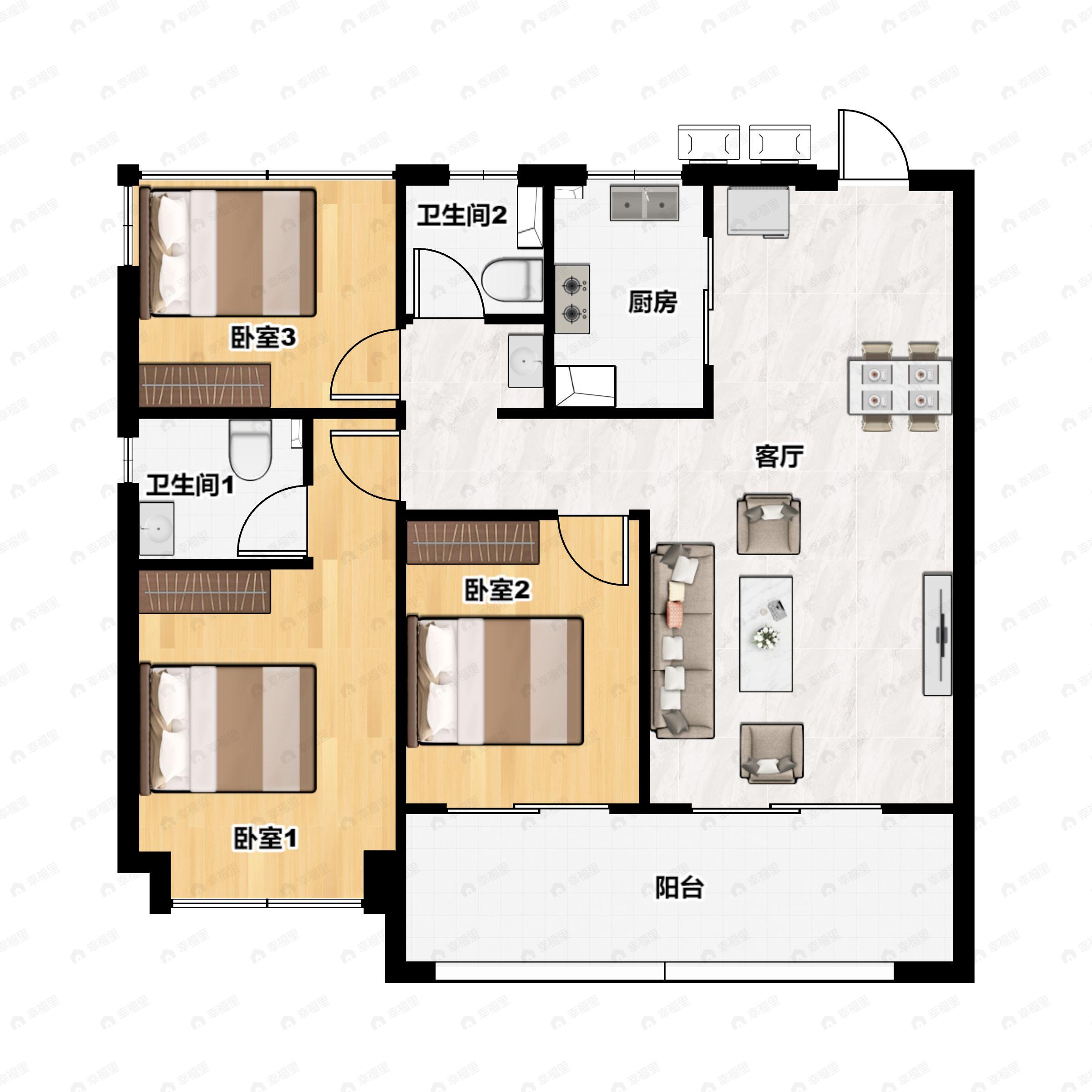 3室2厅2卫建面118平户型图