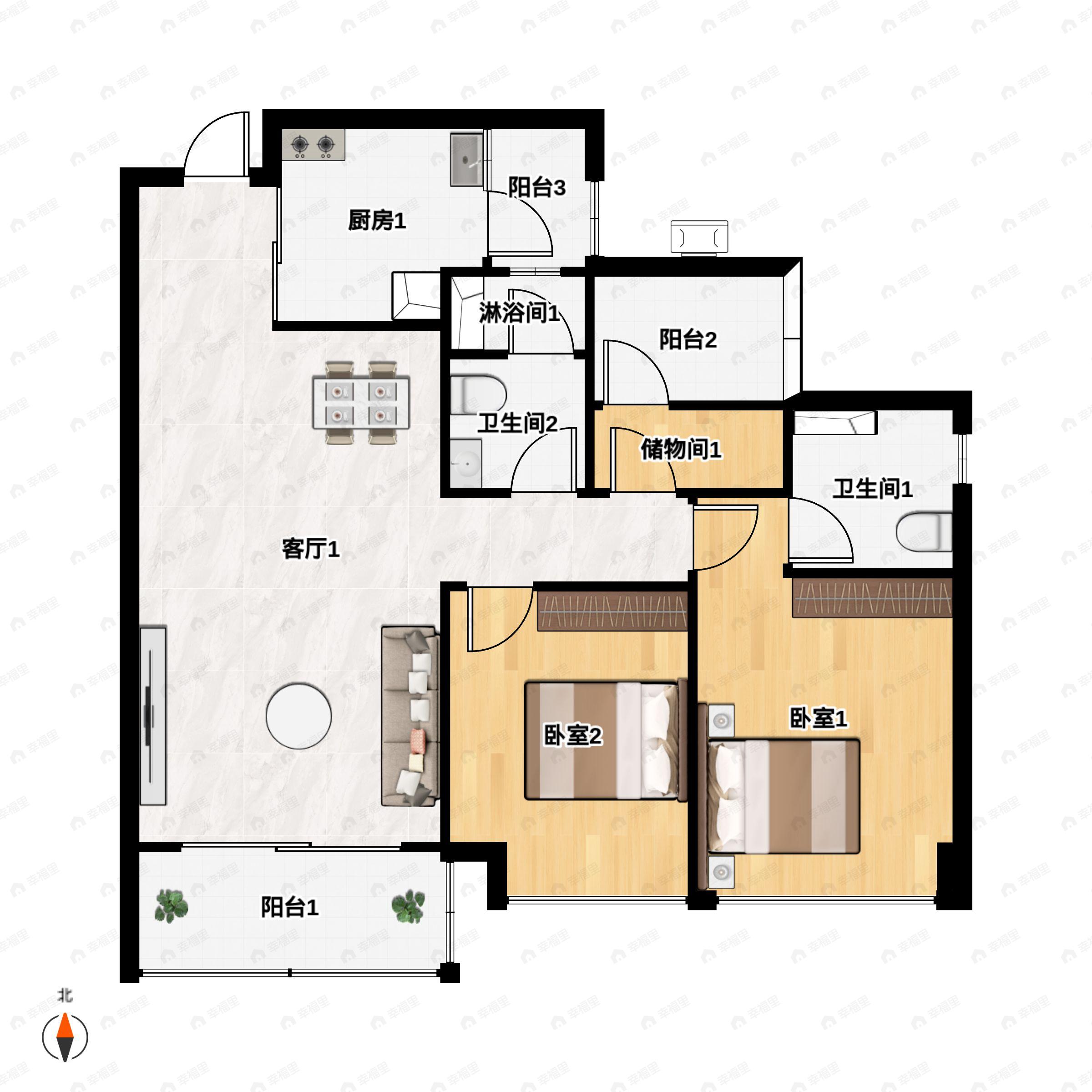 2室2厅2卫建面92平户型图