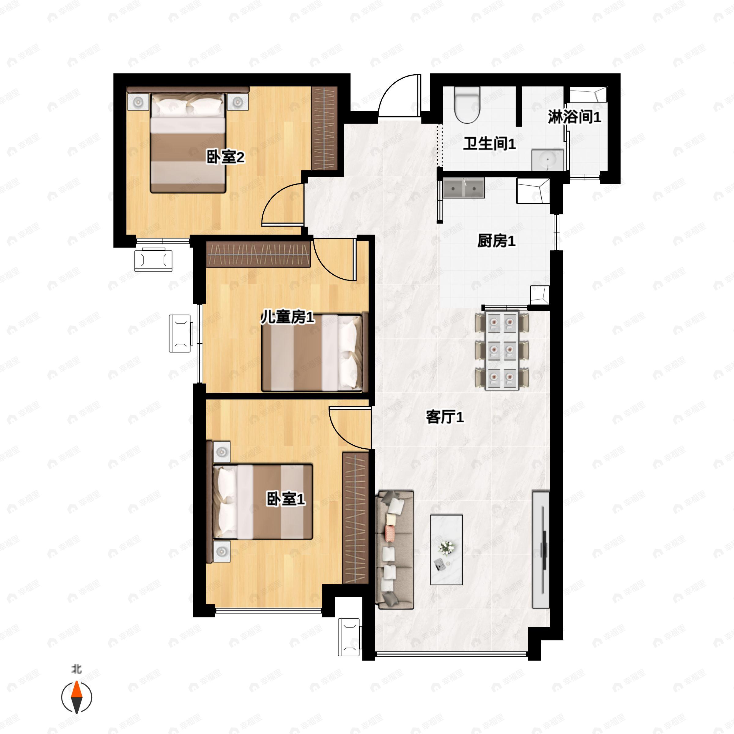 3室2厅1卫建面93m²南户型图