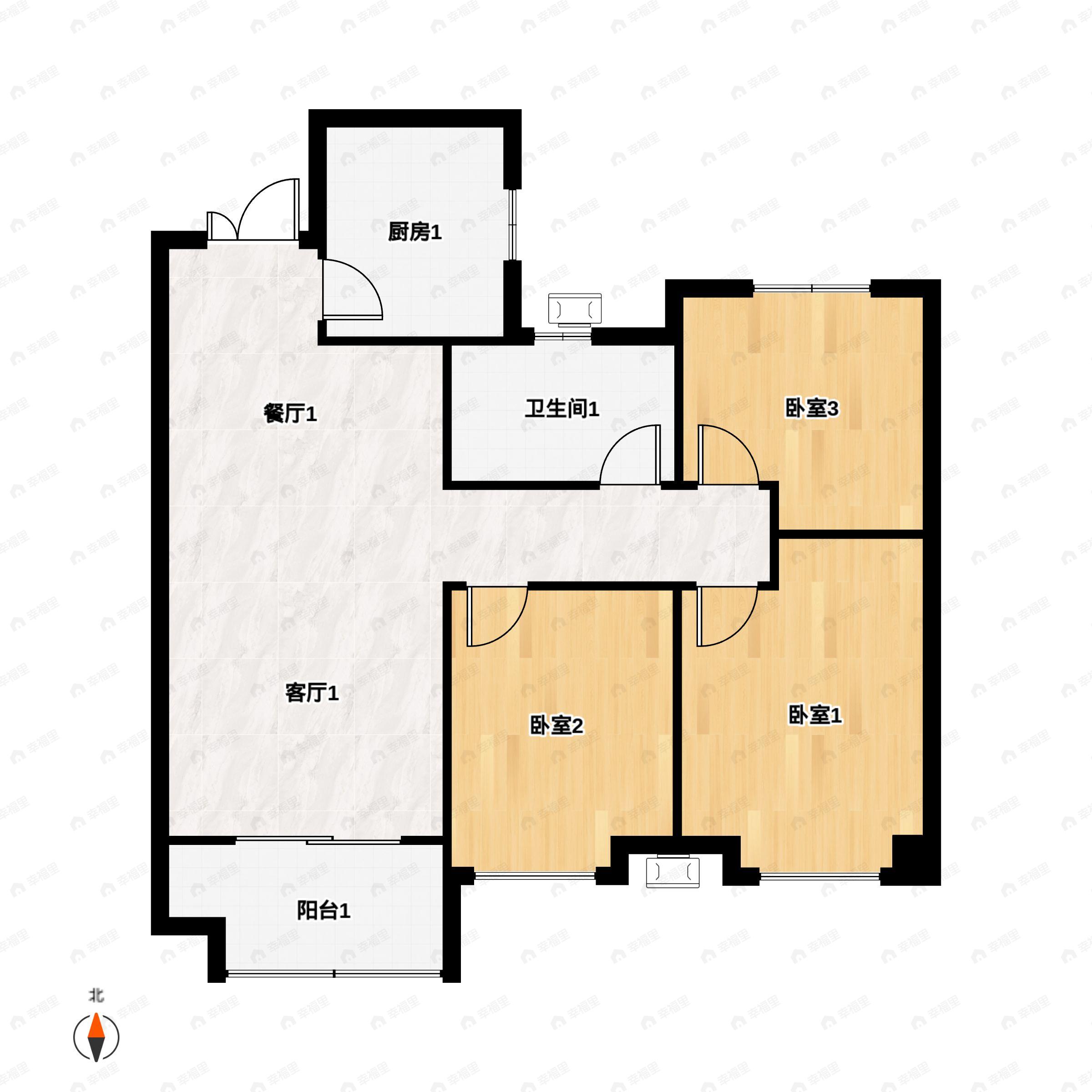 3室2厅1卫建面97m²北|西户型图