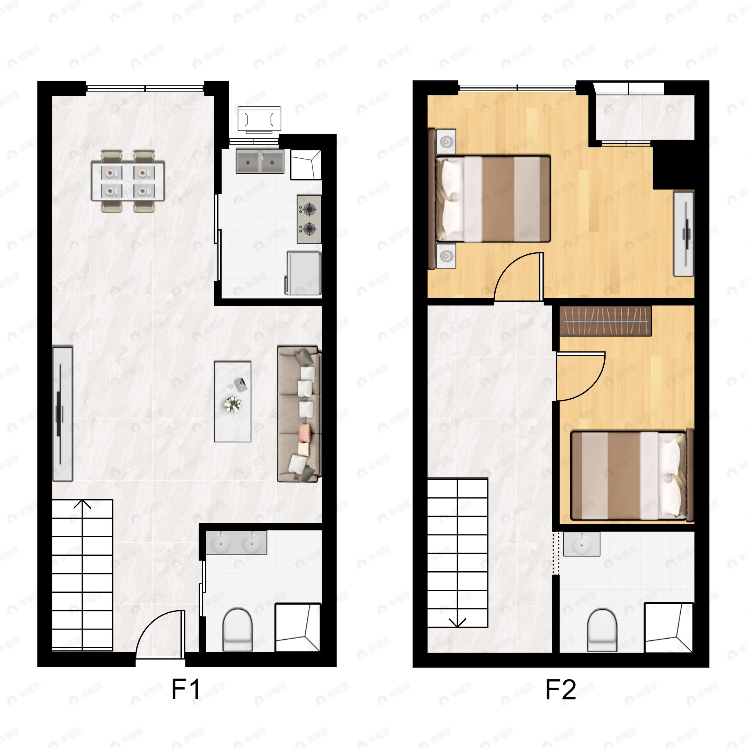 2室2厅2卫建面46平户型图