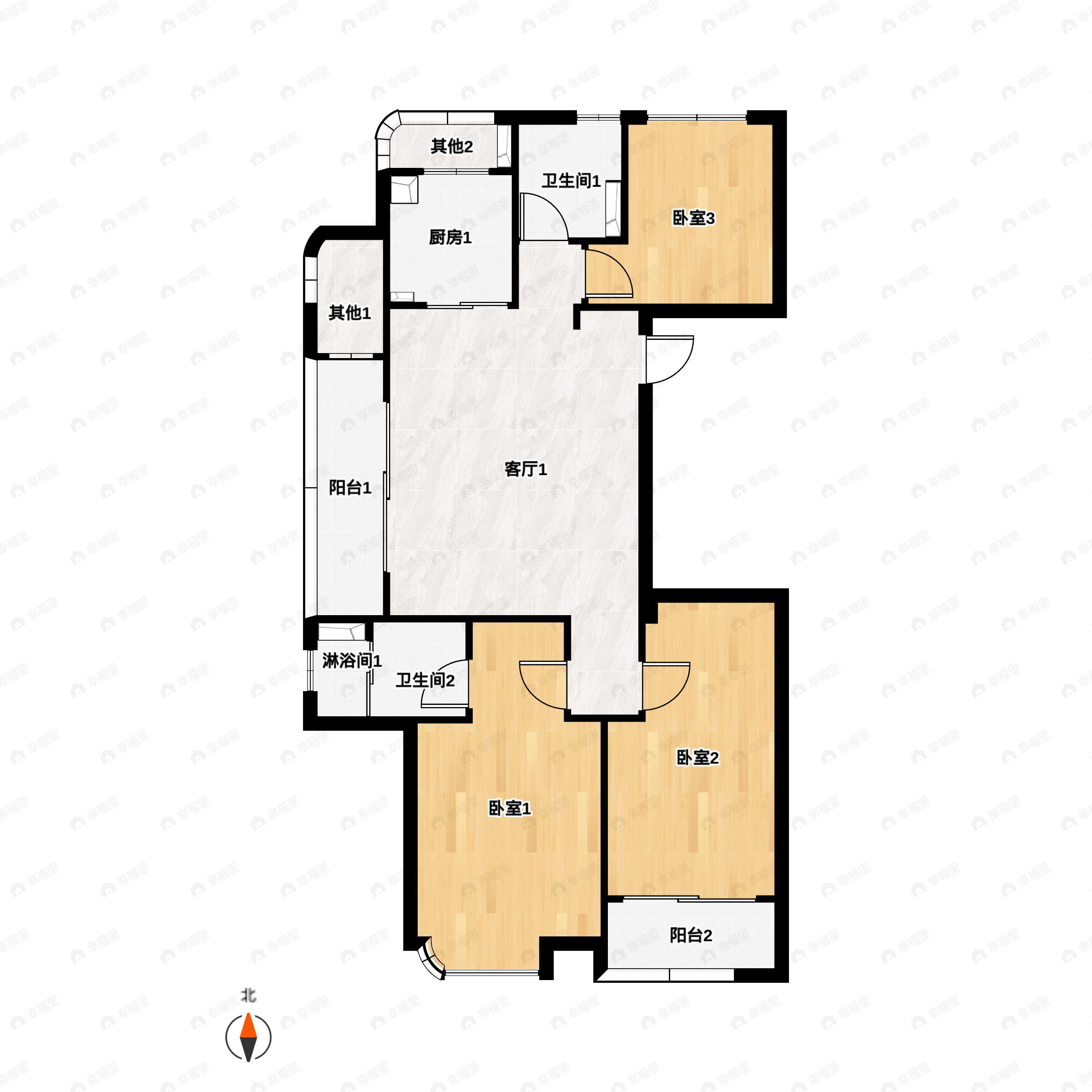 3室2厅2卫建面114m²南户型图
