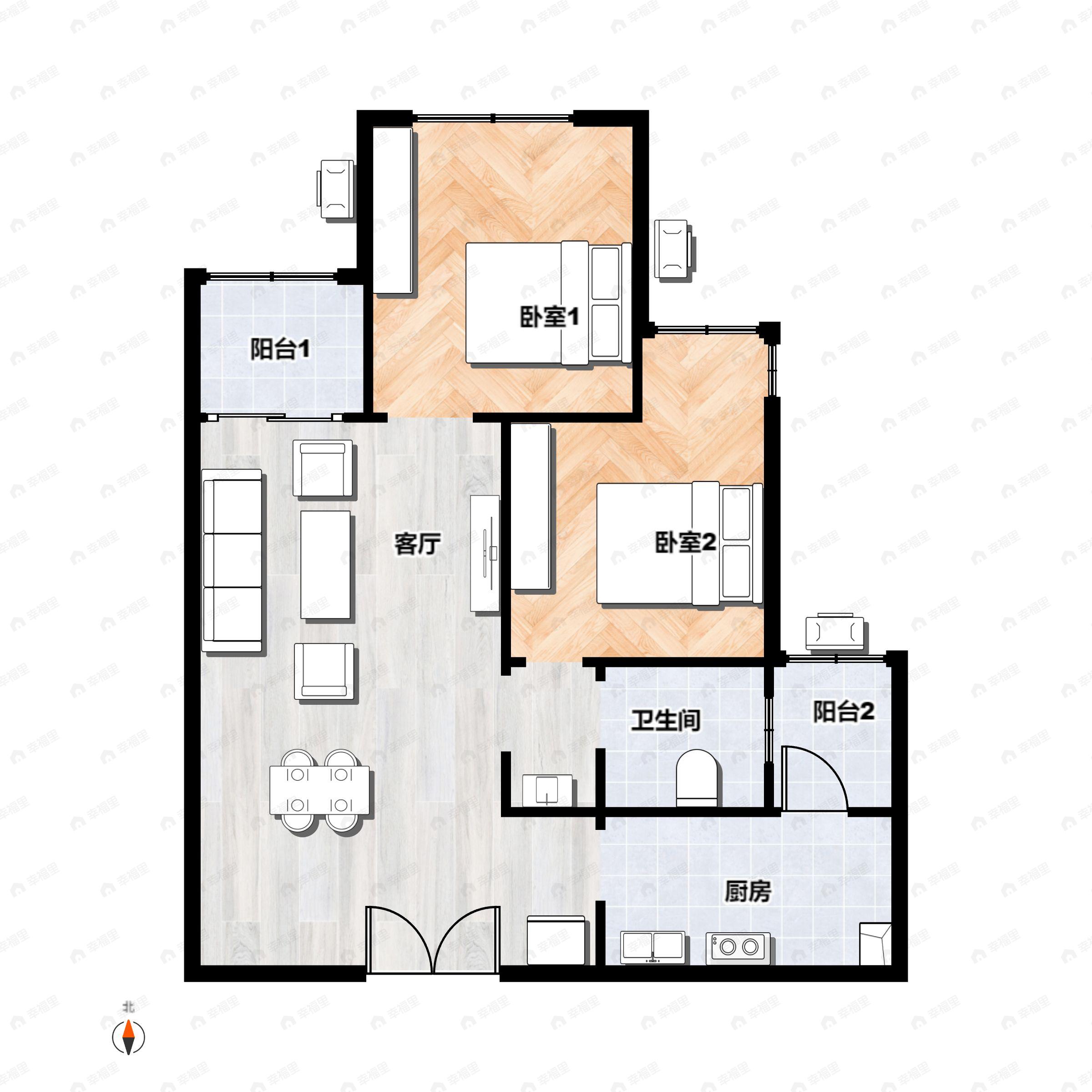 2室2厅1卫建面61平户型图