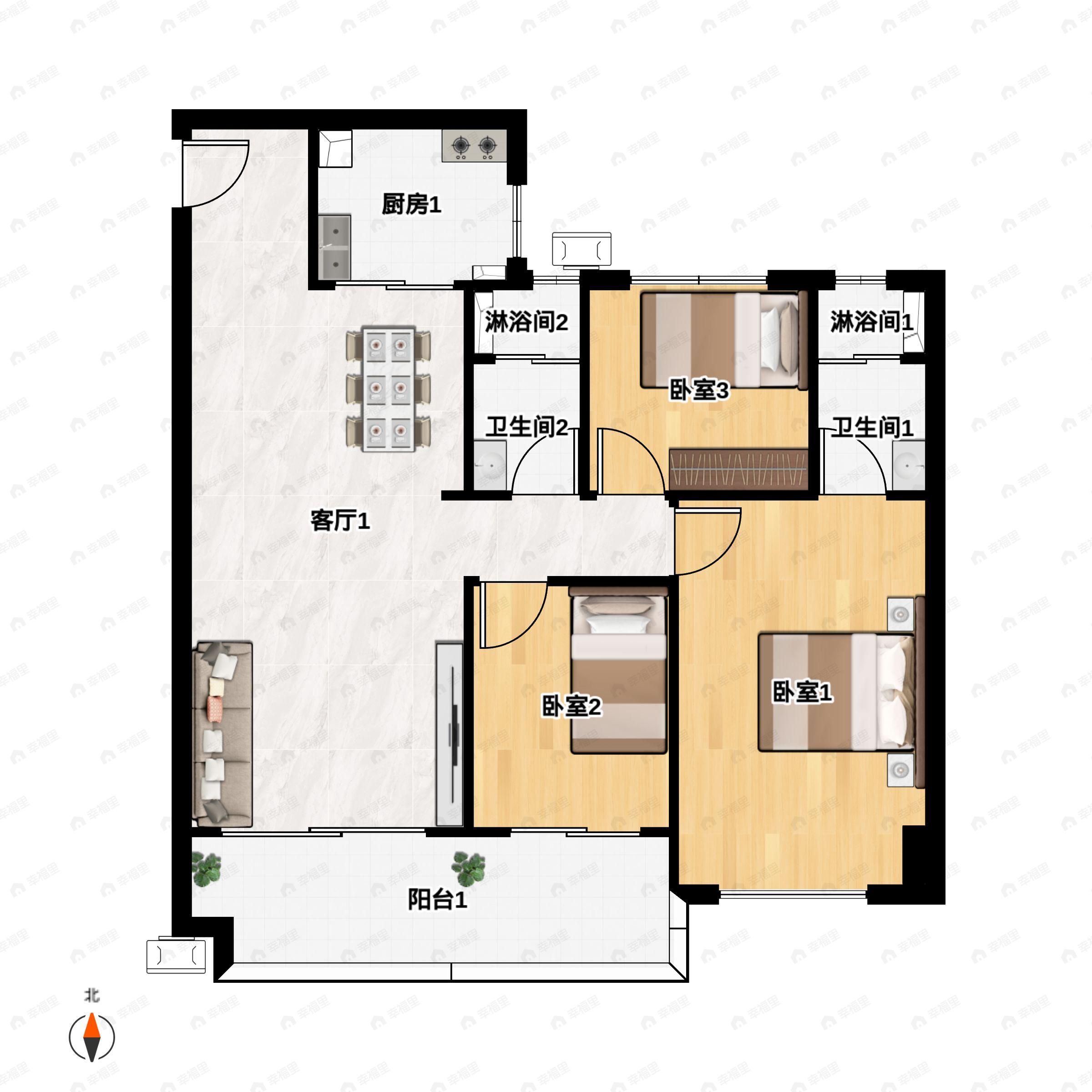 3室2厅2卫建面120平户型图