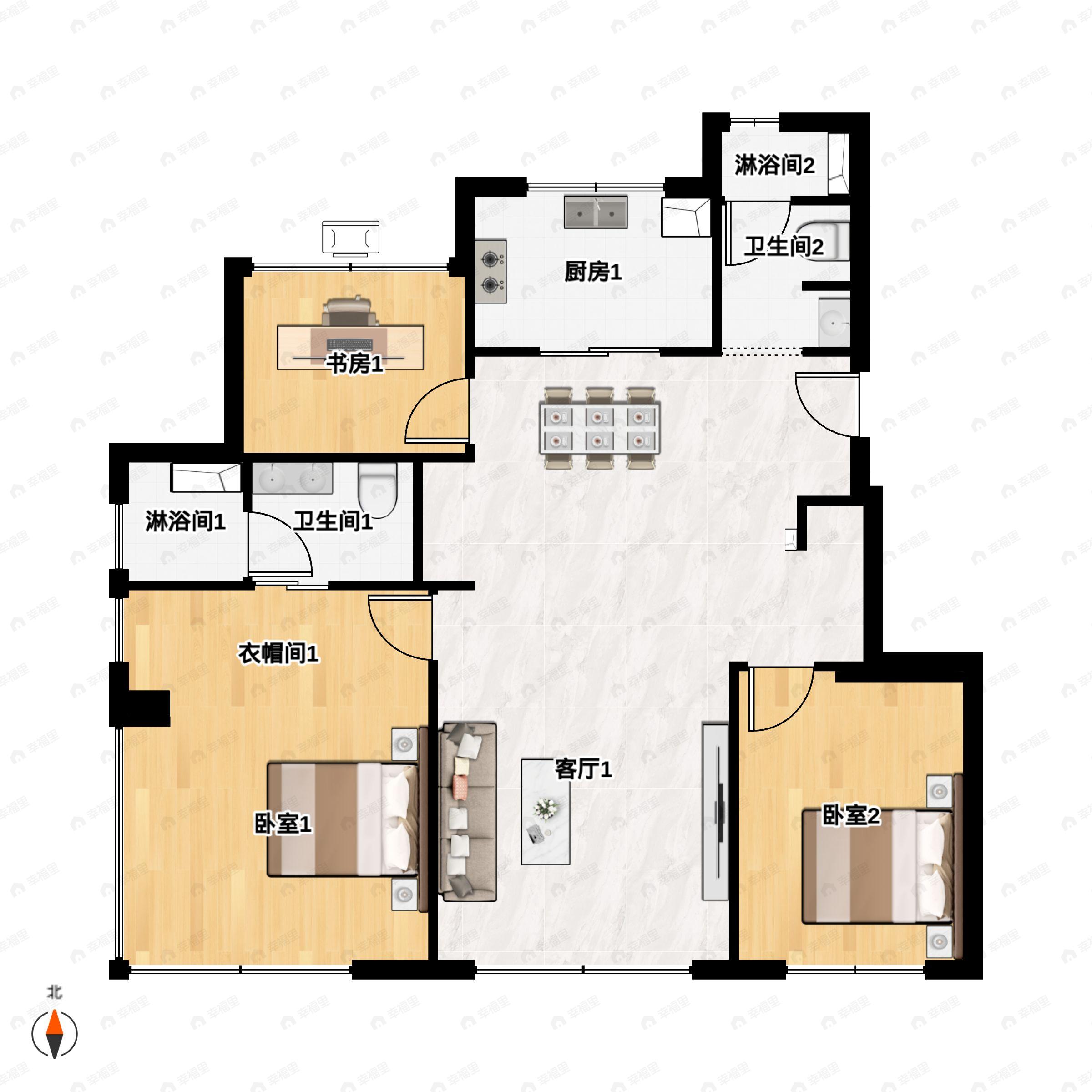 3室2厅2卫建面105m²户型图