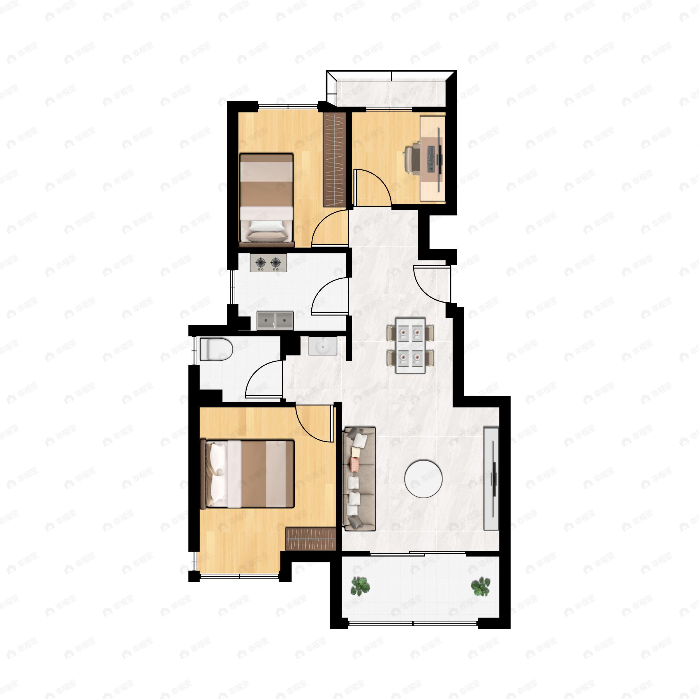 3室2厅1卫建面82m²南|北户型图