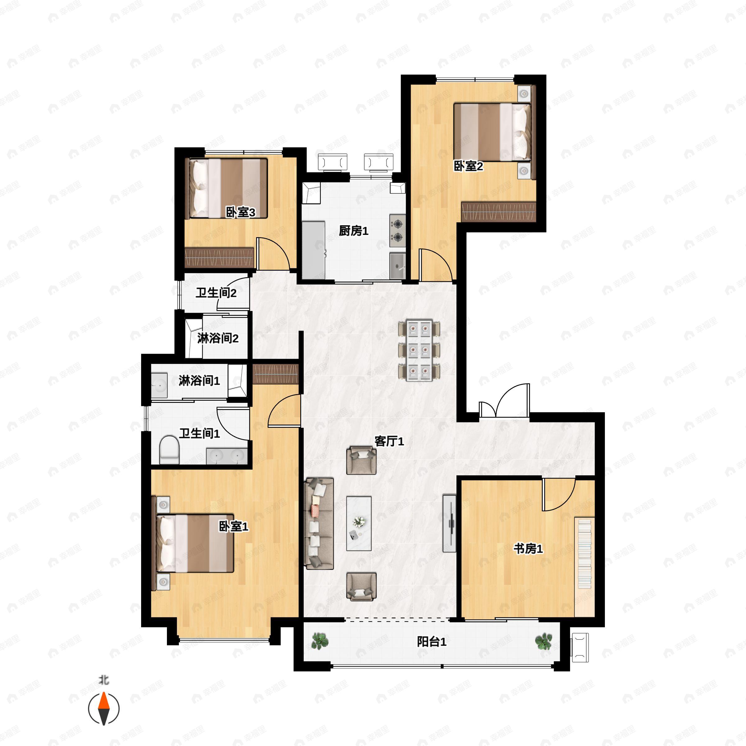 4室2厅2卫建面128平南|北户型图