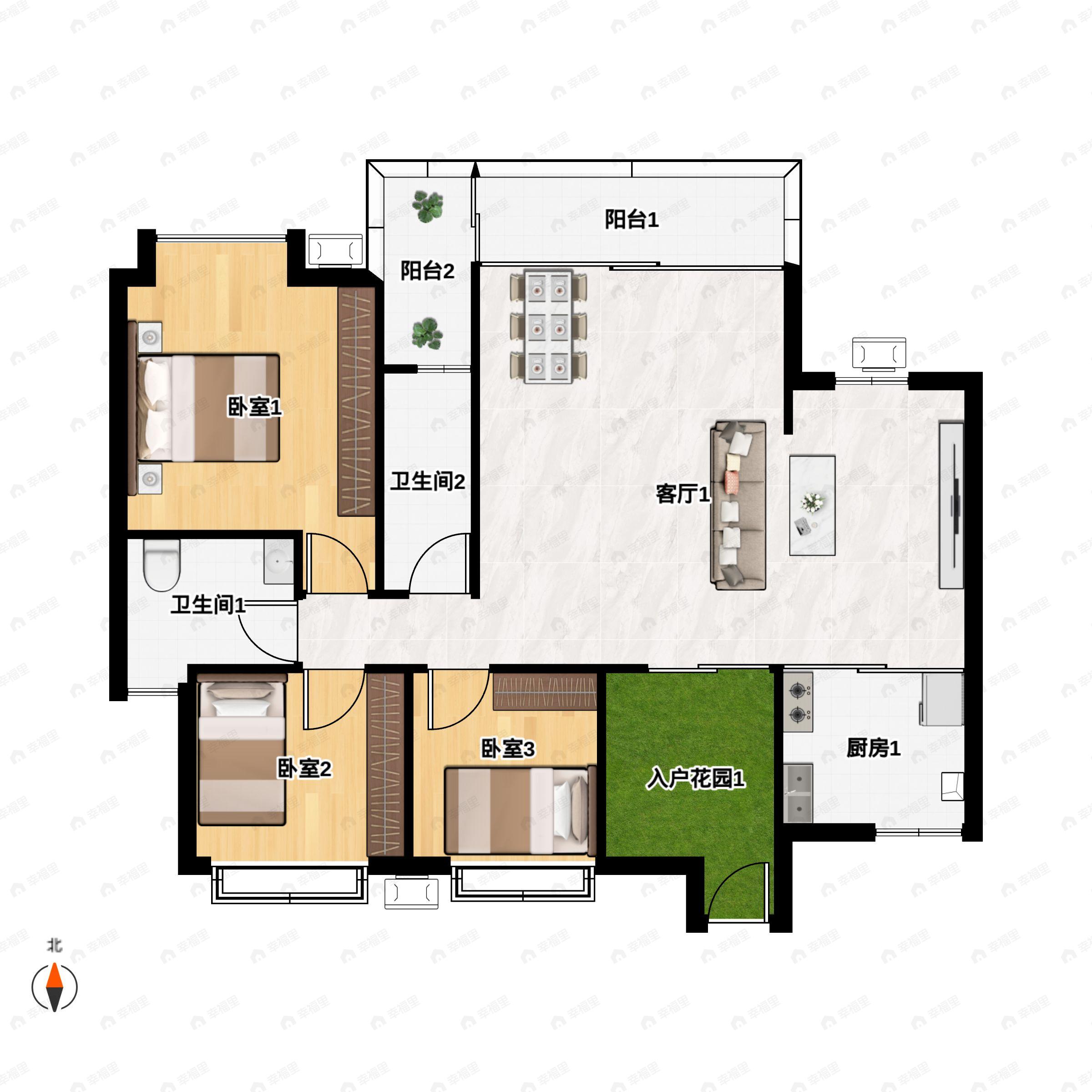 3室2厅2卫建面143平南|北户型图