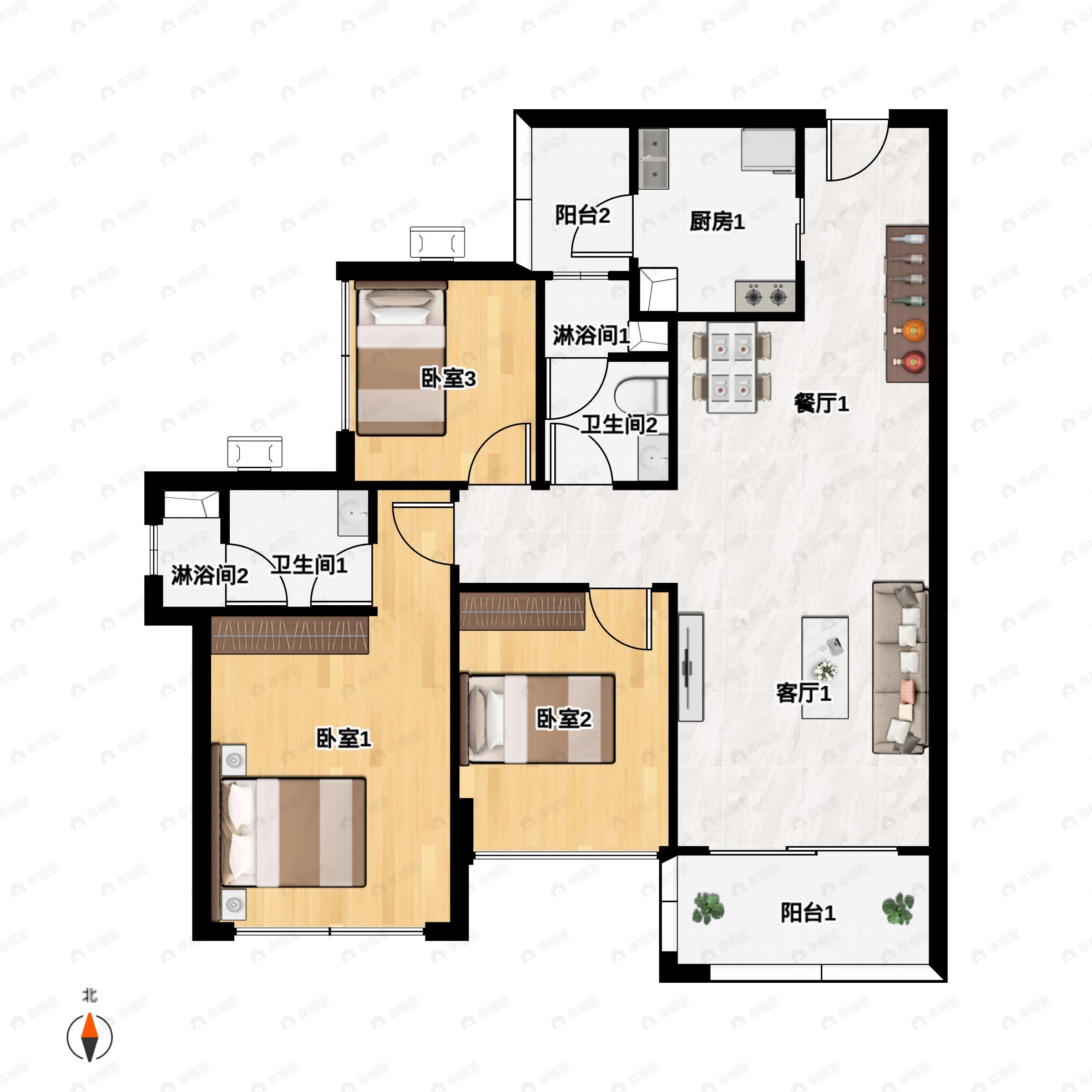 3室2厅2卫建面93平户型图