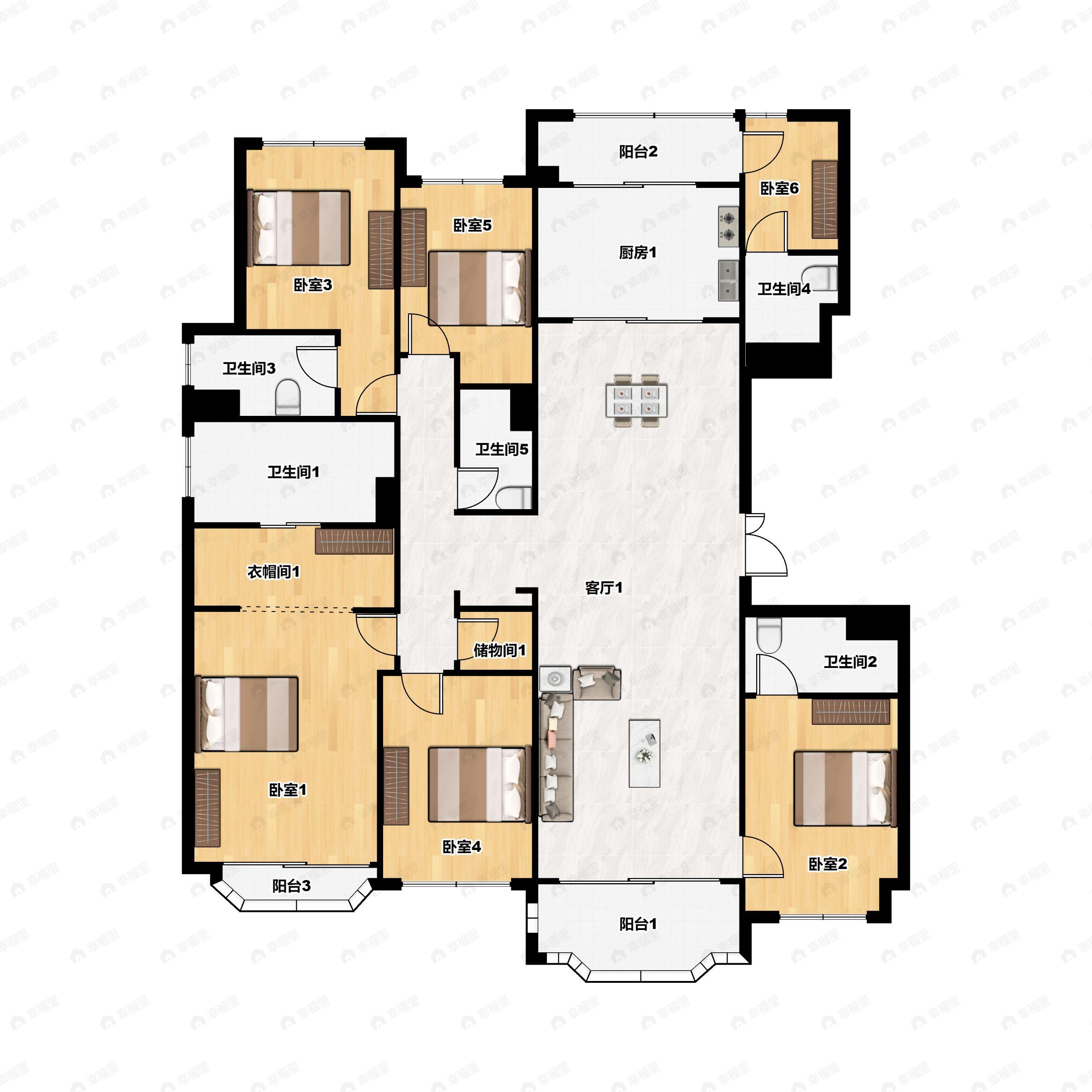 6室3厅5卫建面288平南|北户型图