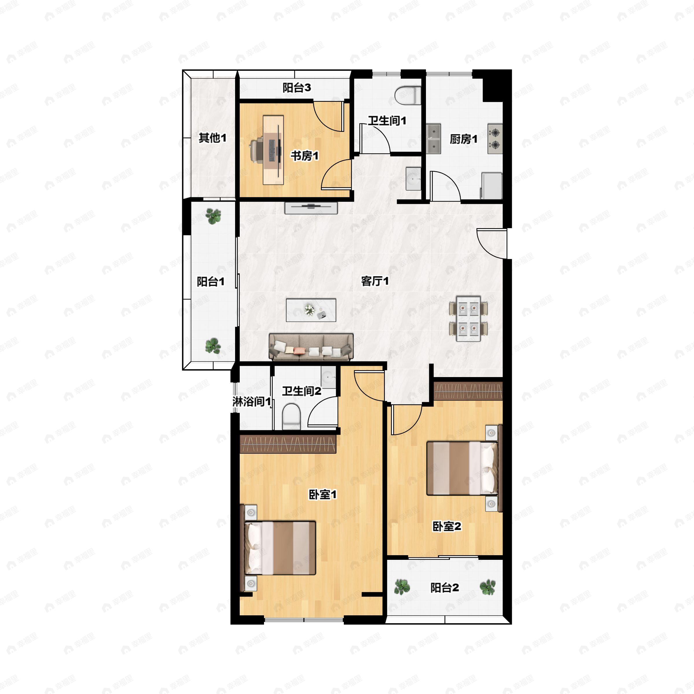 3室2厅2卫建面115m²南户型图
