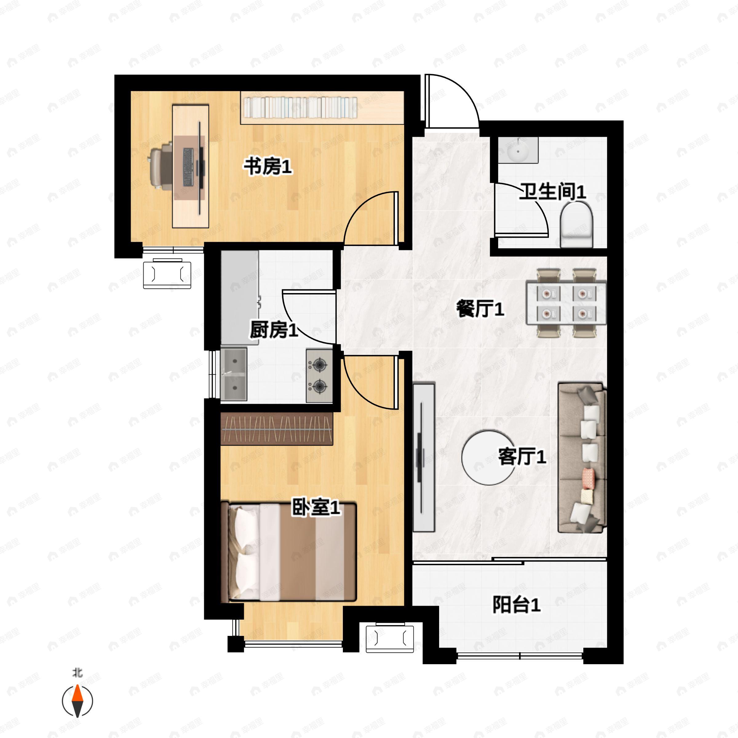 2室2厅1卫建面77平南户型图