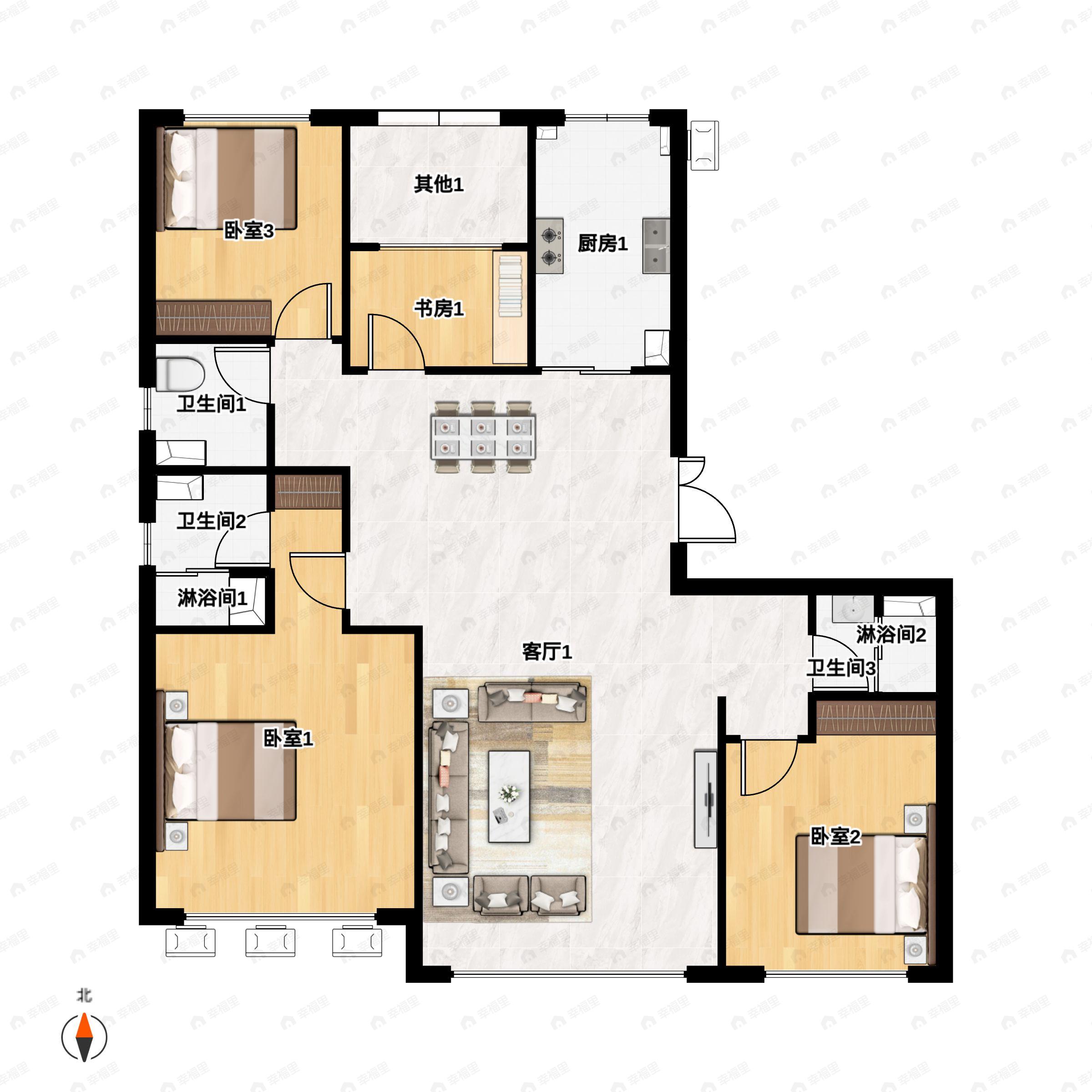 4室2厅3卫建面123m²北|南户型图