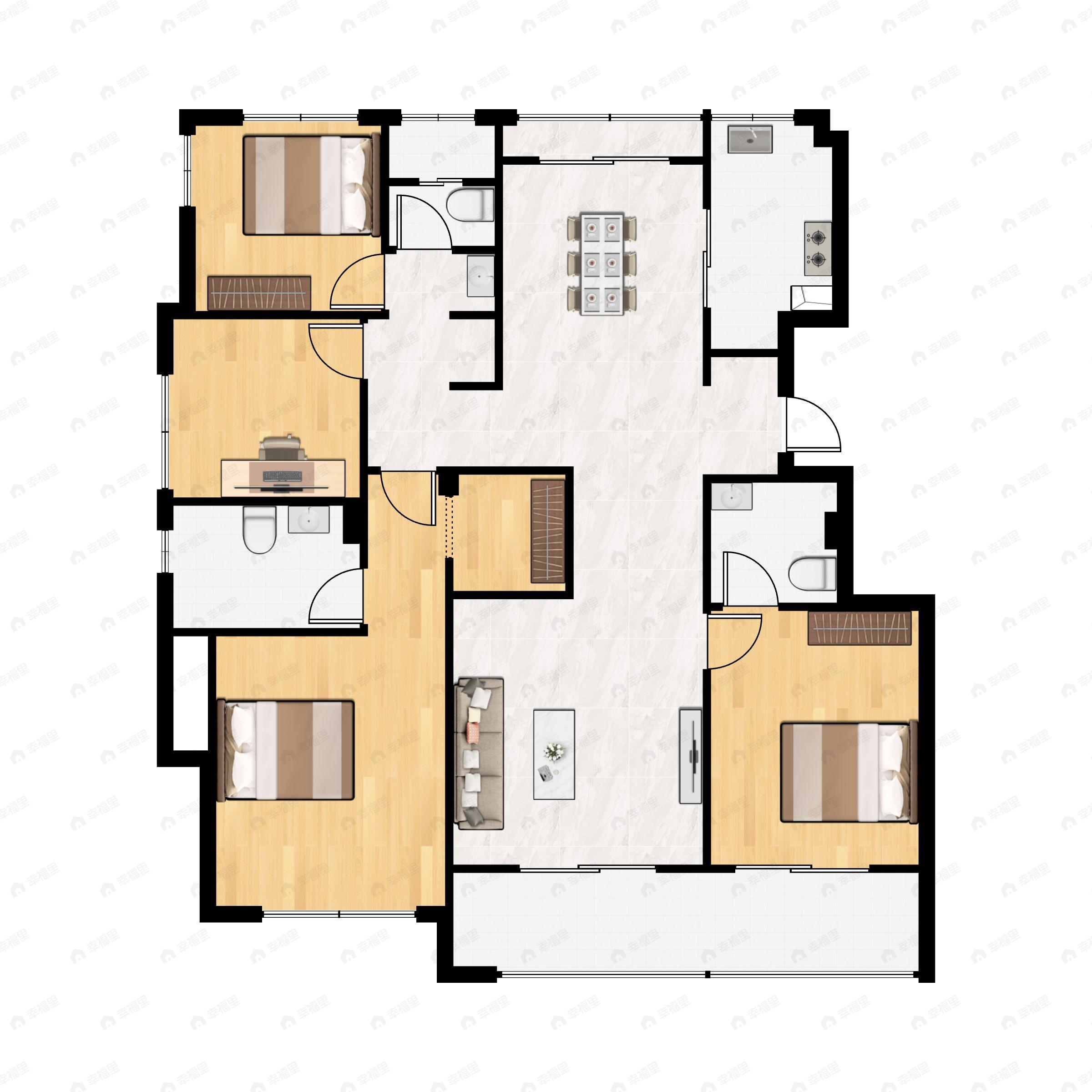 4室2厅3卫建面128平南|北户型图