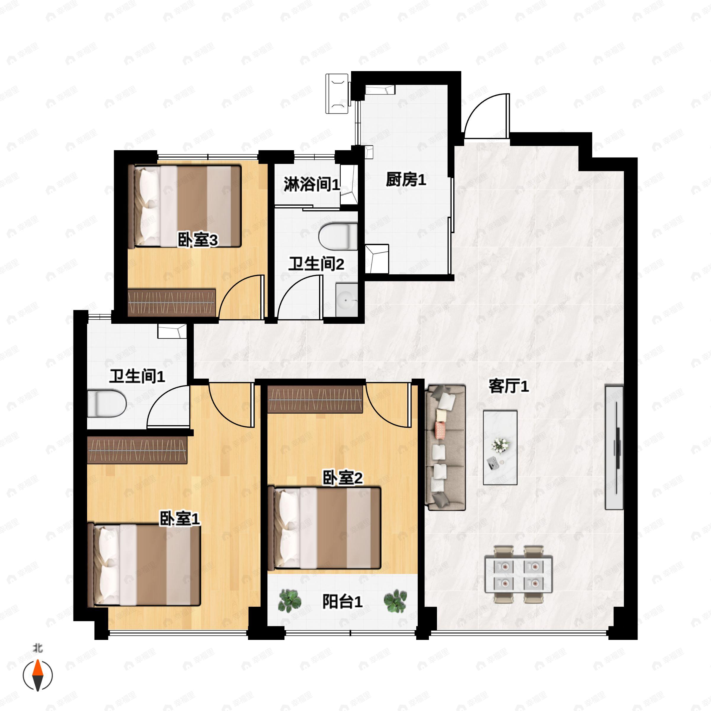 3室2厅2卫建面125平北|南户型图
