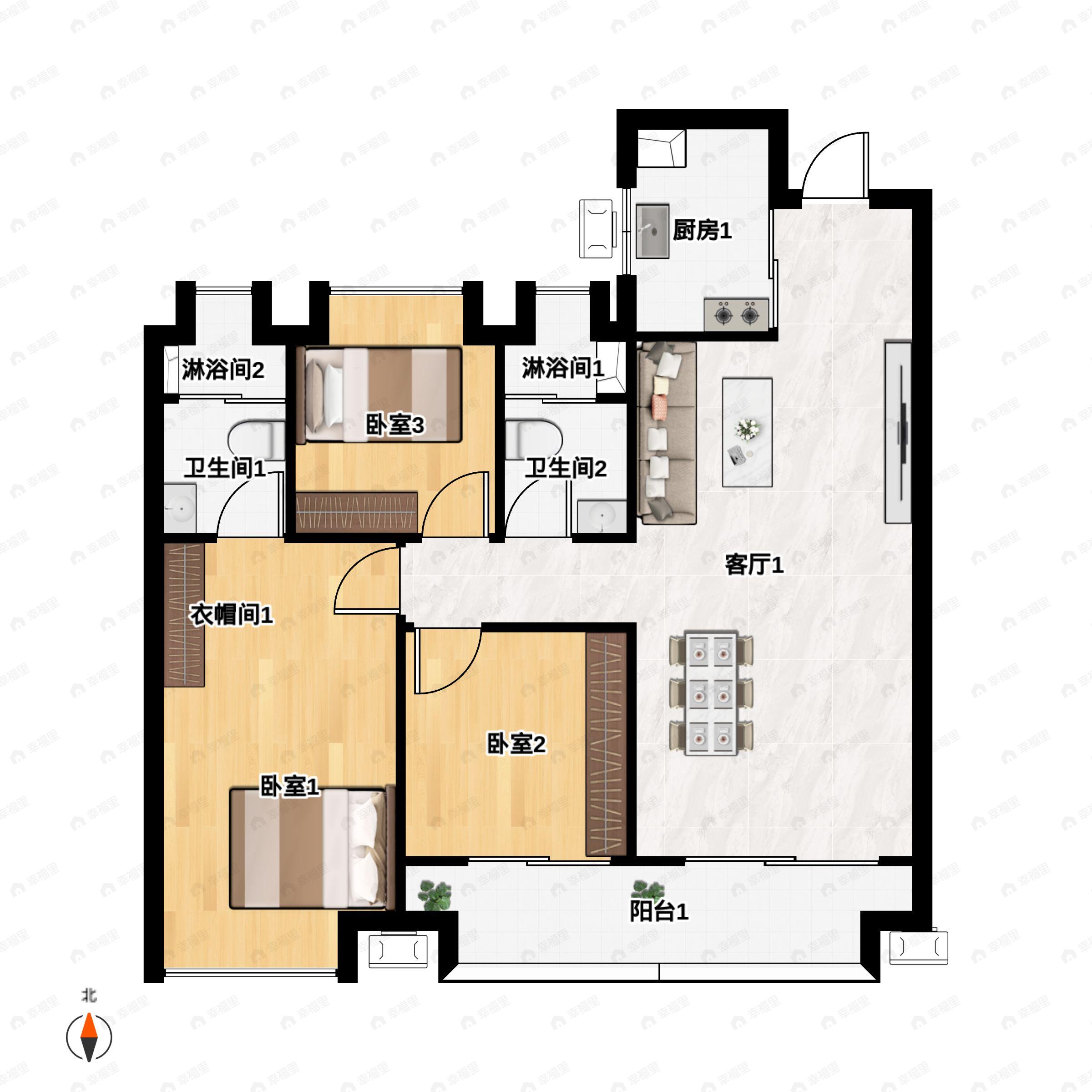3室2厅2卫建面125m²南|北户型图
