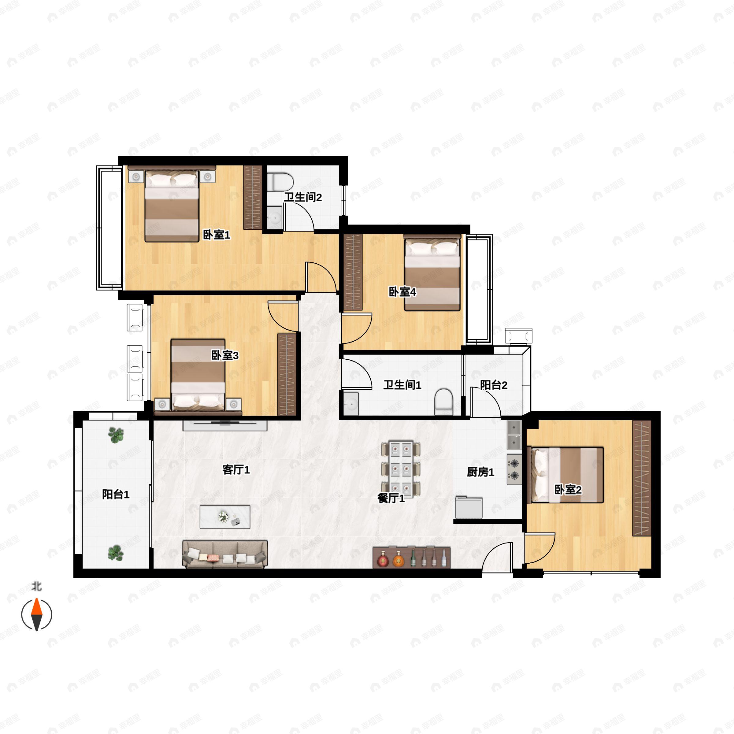 4室2厅2卫建面108平北|南户型图