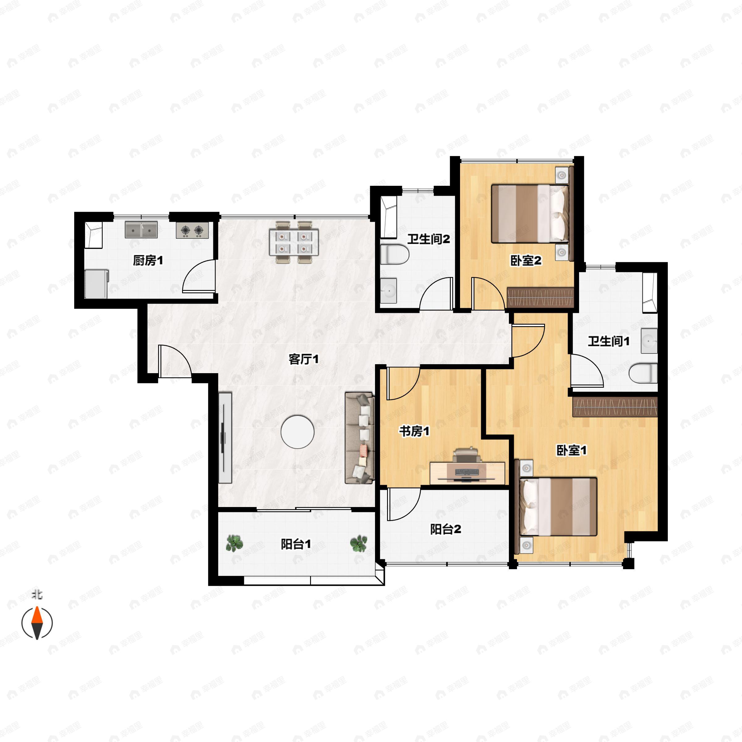 3室2厅2卫建面89平户型图