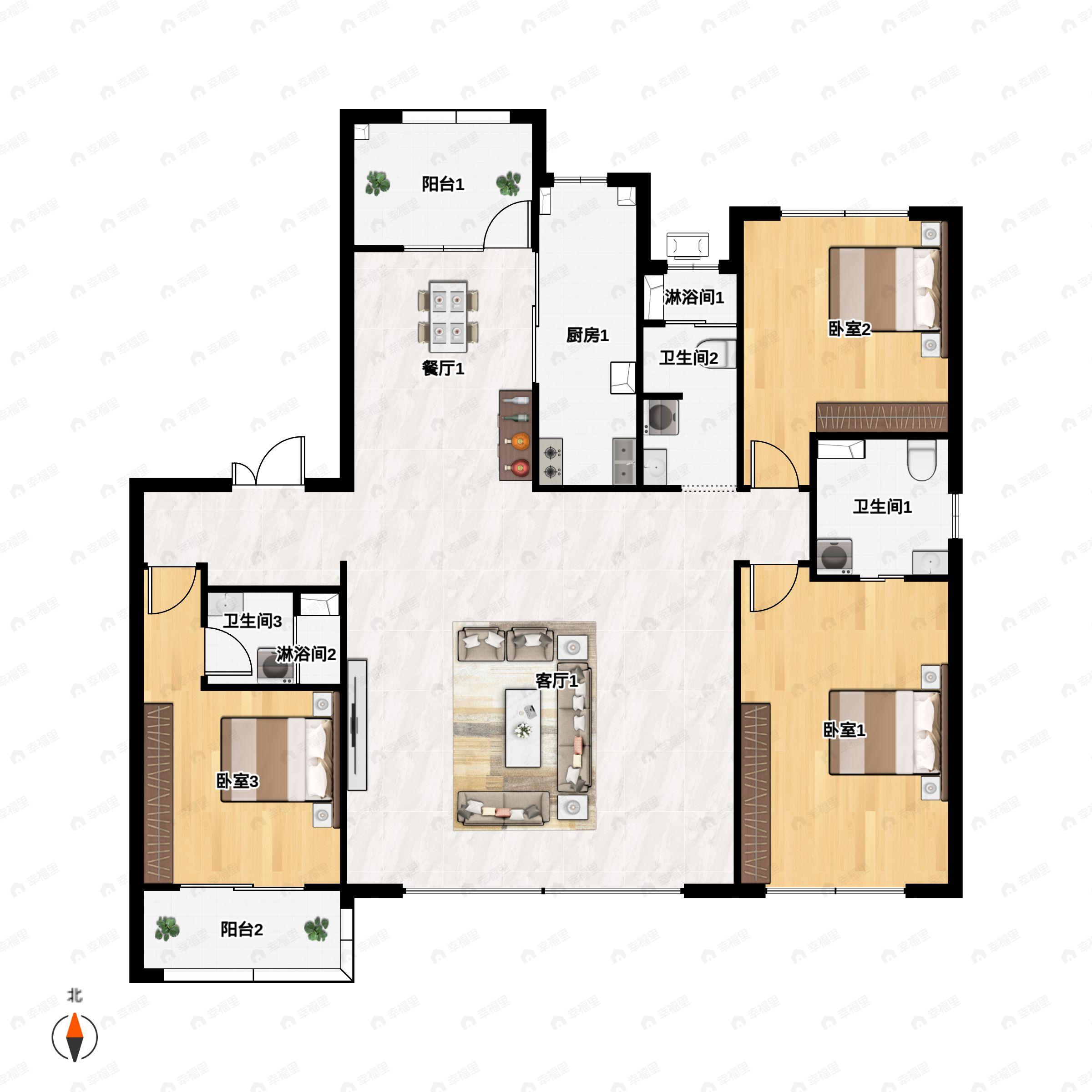 3室2厅3卫建面228m²南户型图