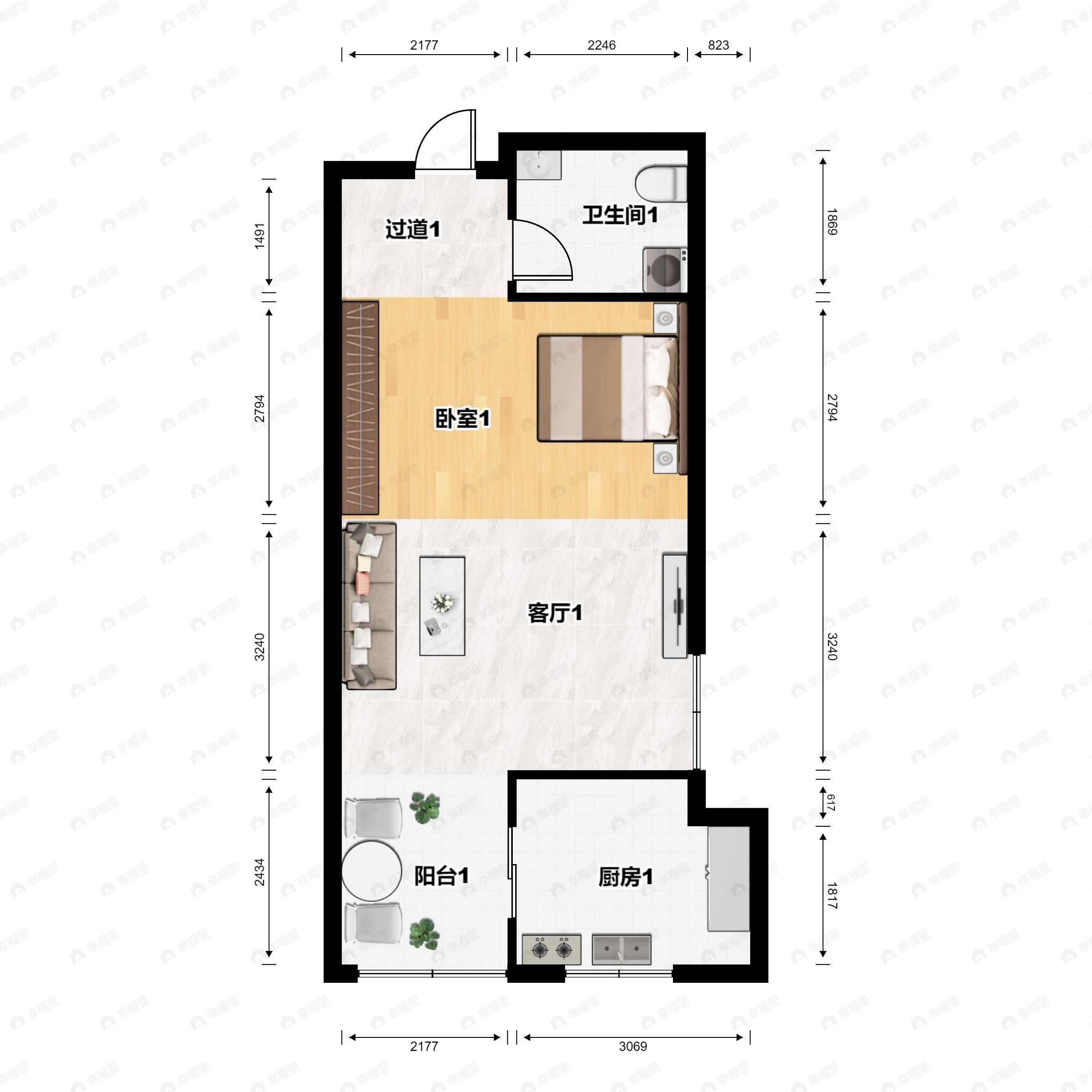 1室1厅1卫建面57m²南户型图