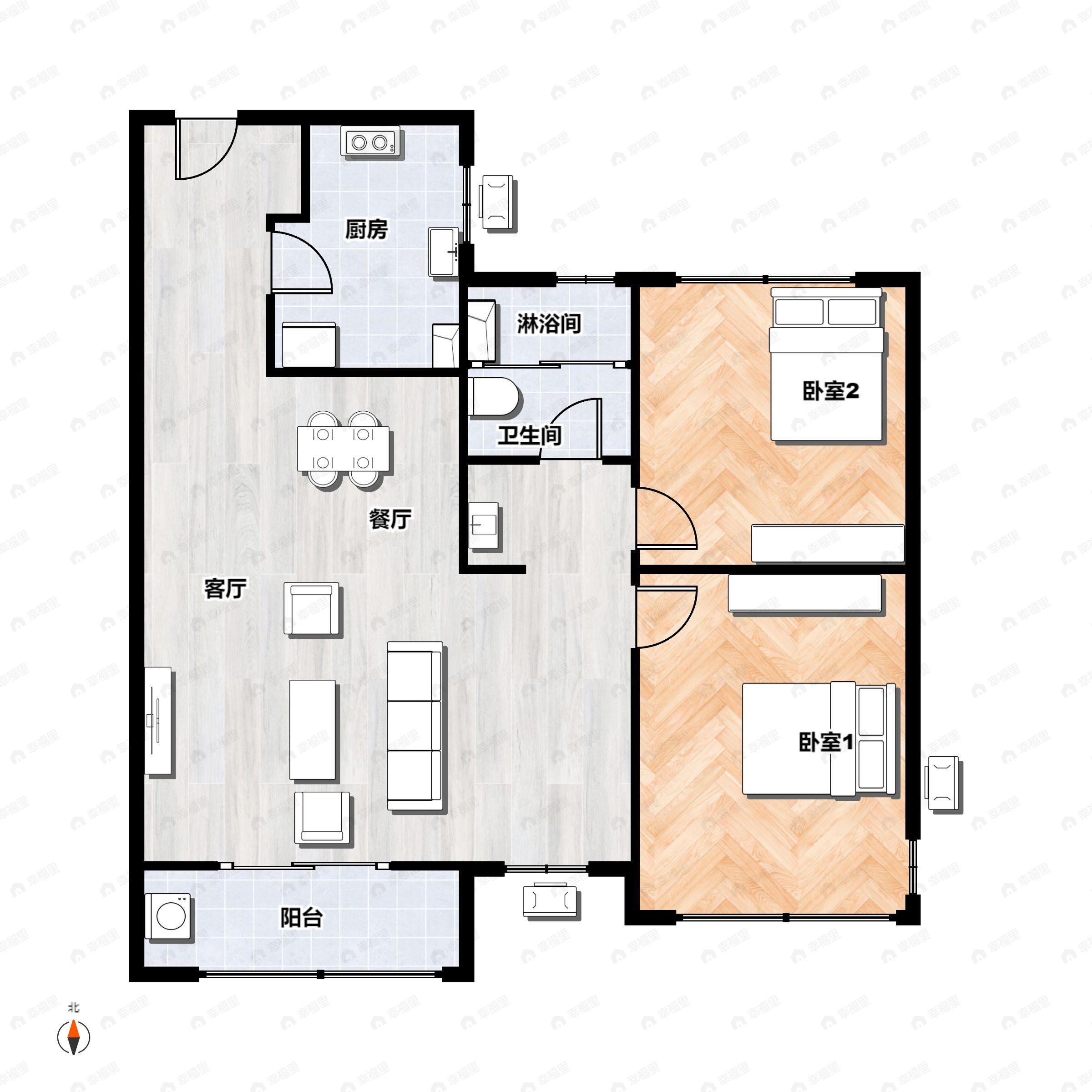 2室2厅1卫建面84m²南|北户型图