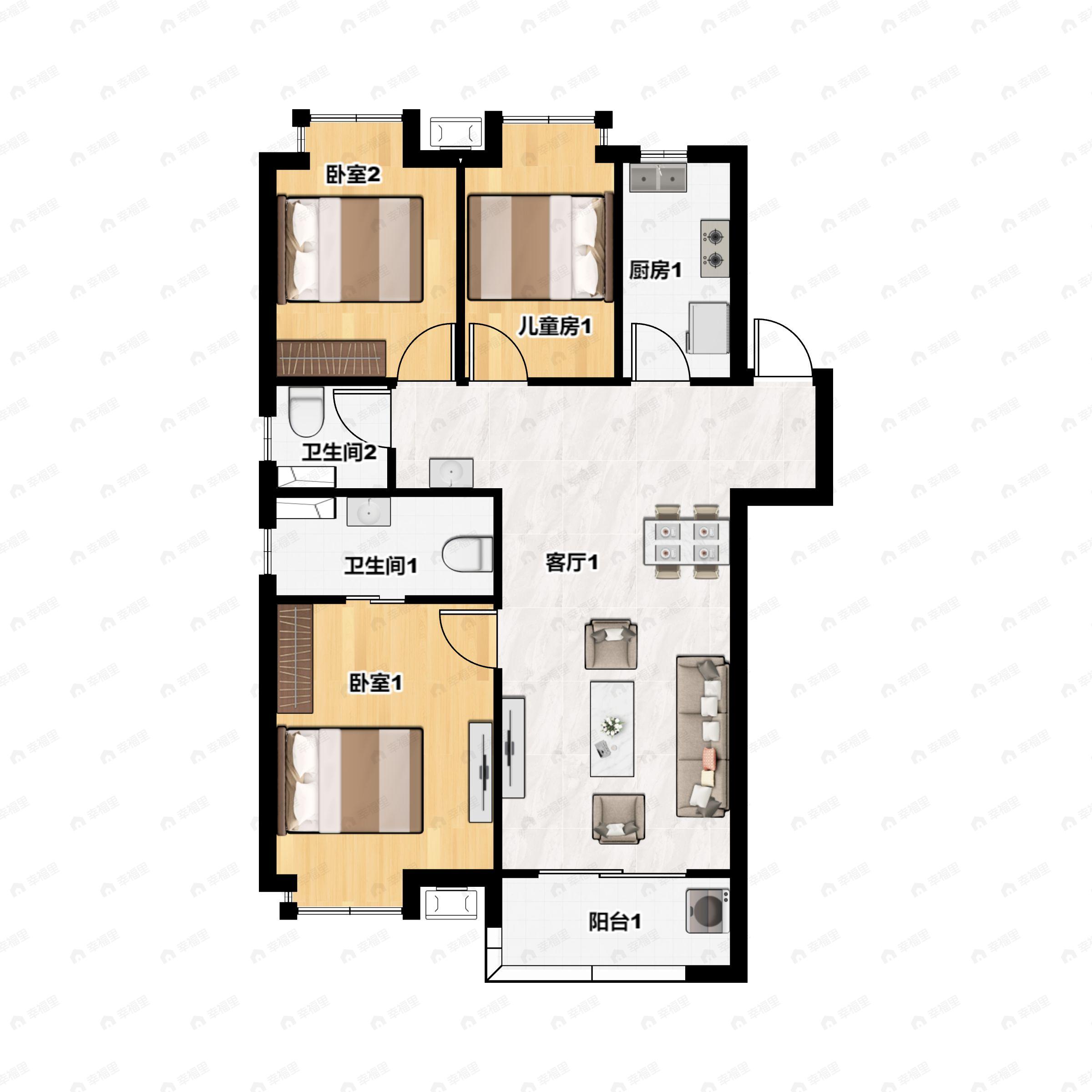 3室2厅2卫建面118m²南户型图