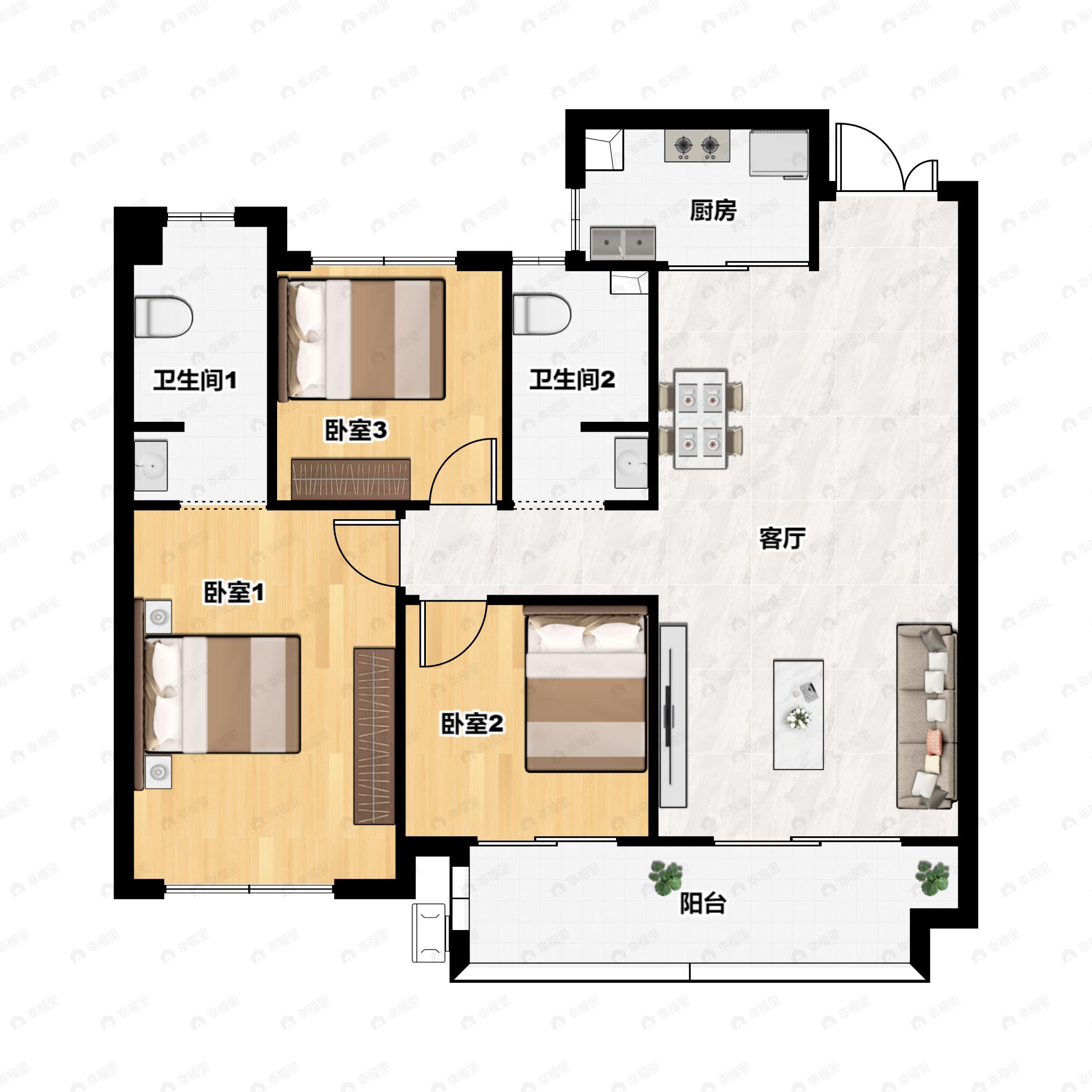 3室2厅2卫建面113平户型图