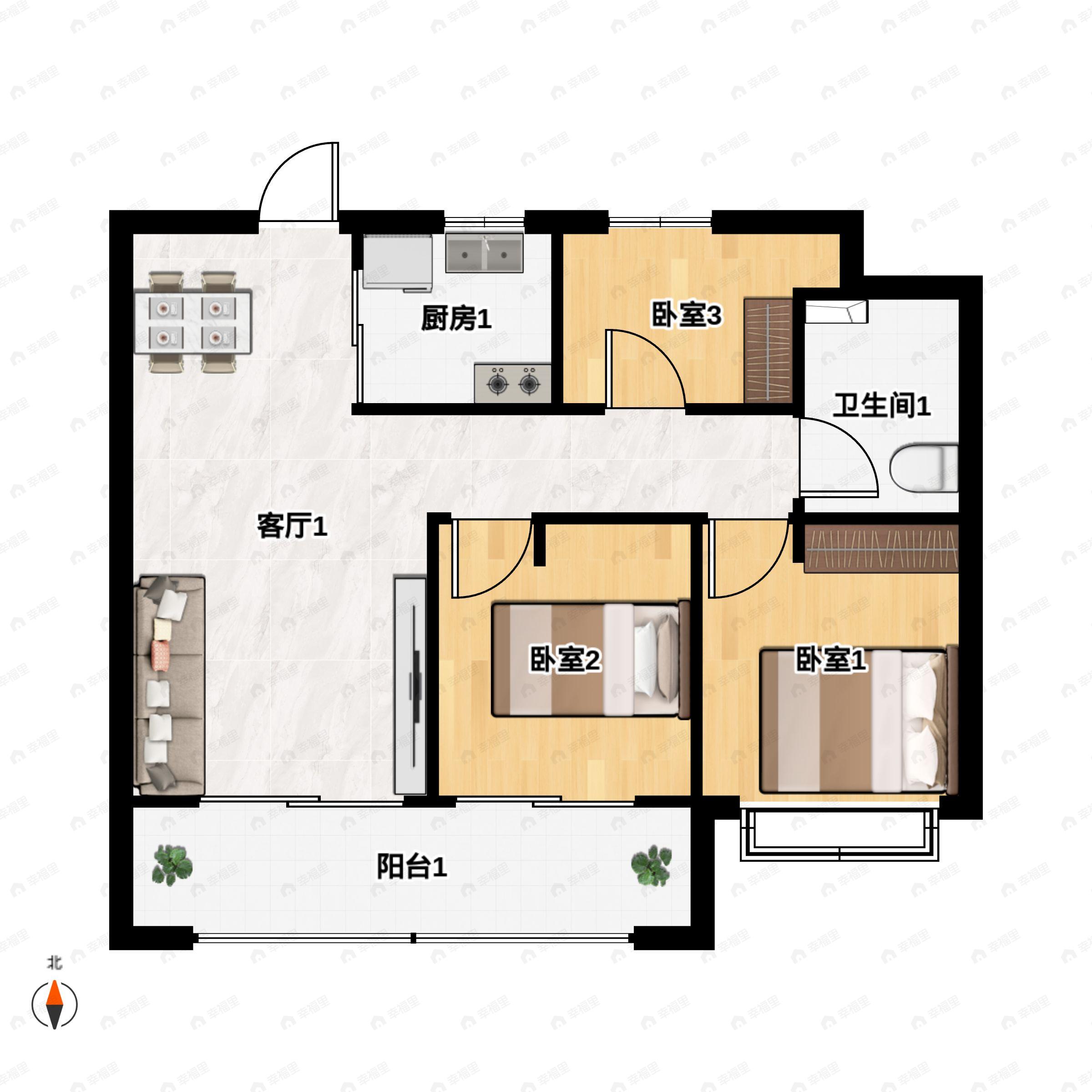 3室2厅1卫建面88平户型图