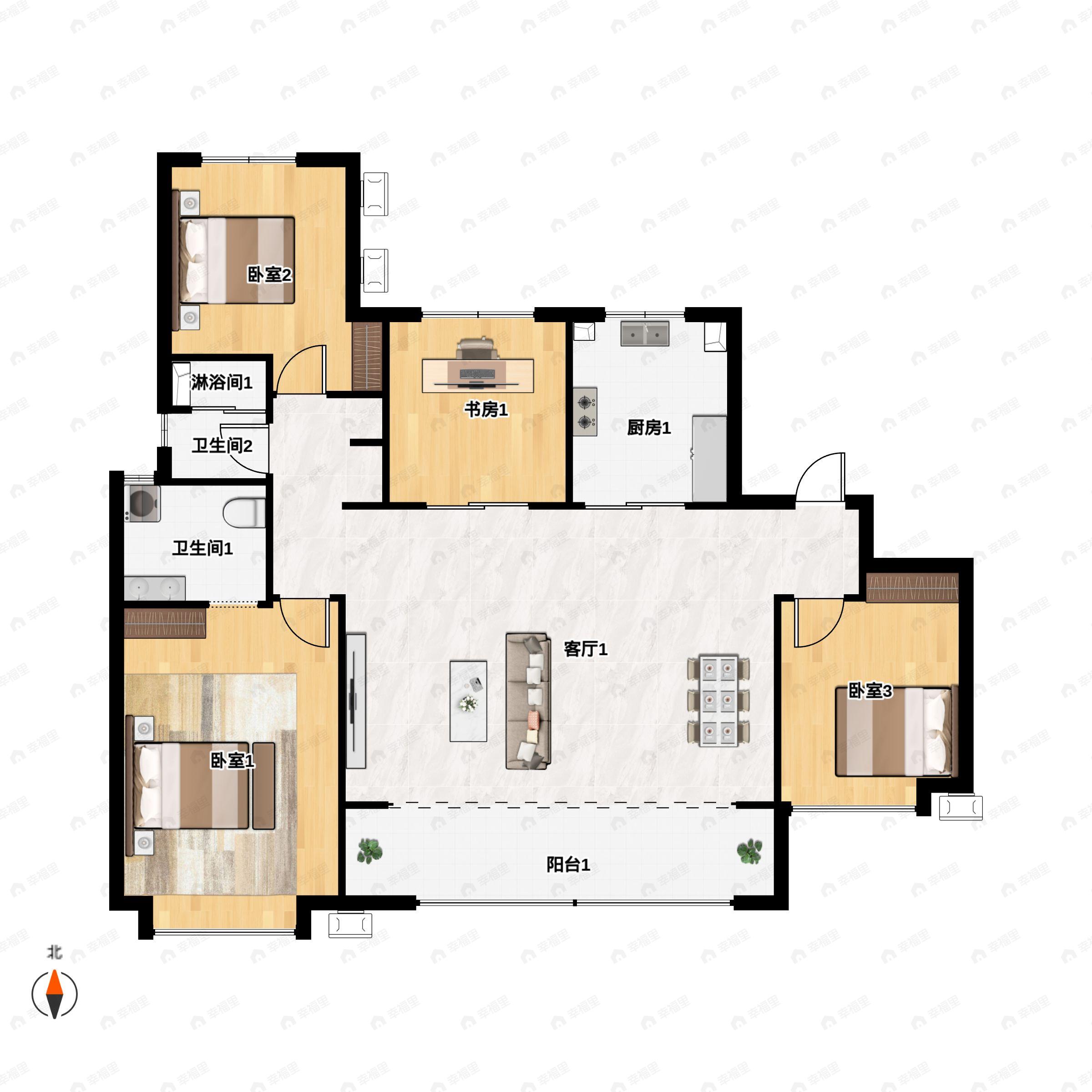 4室2厅2卫建面141平北|南户型图