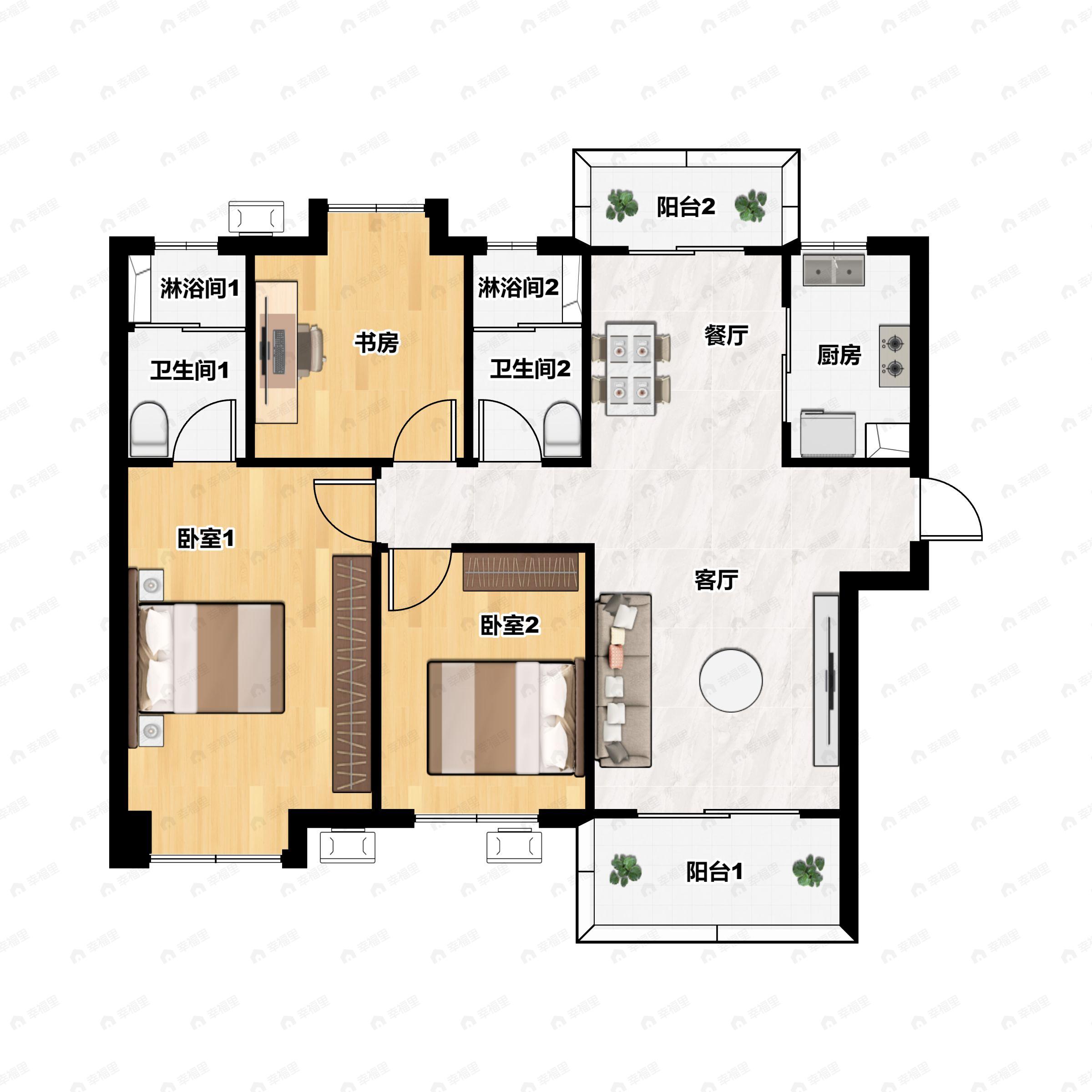 3室2厅2卫建面130m²北|南户型图