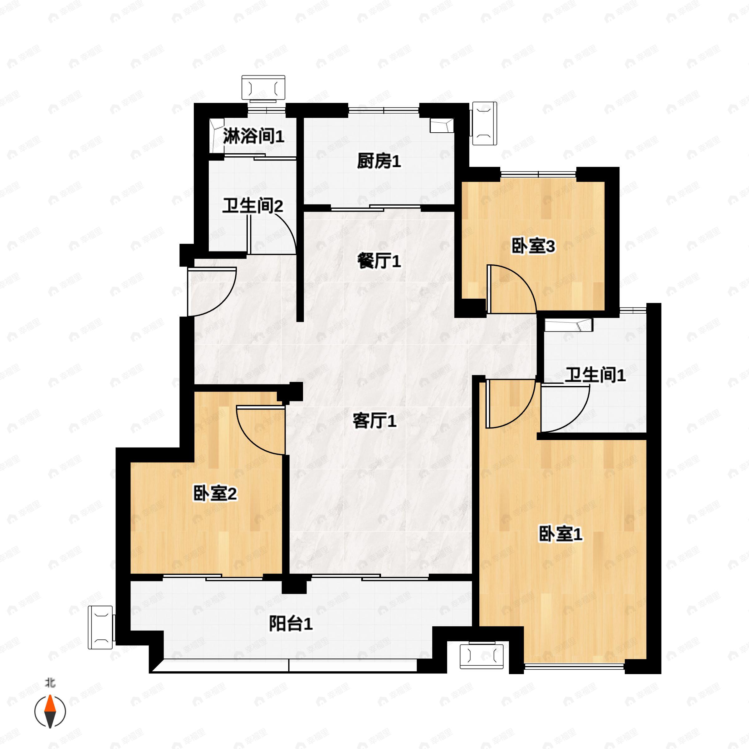 3室2厅2卫建面89m²南|北户型图