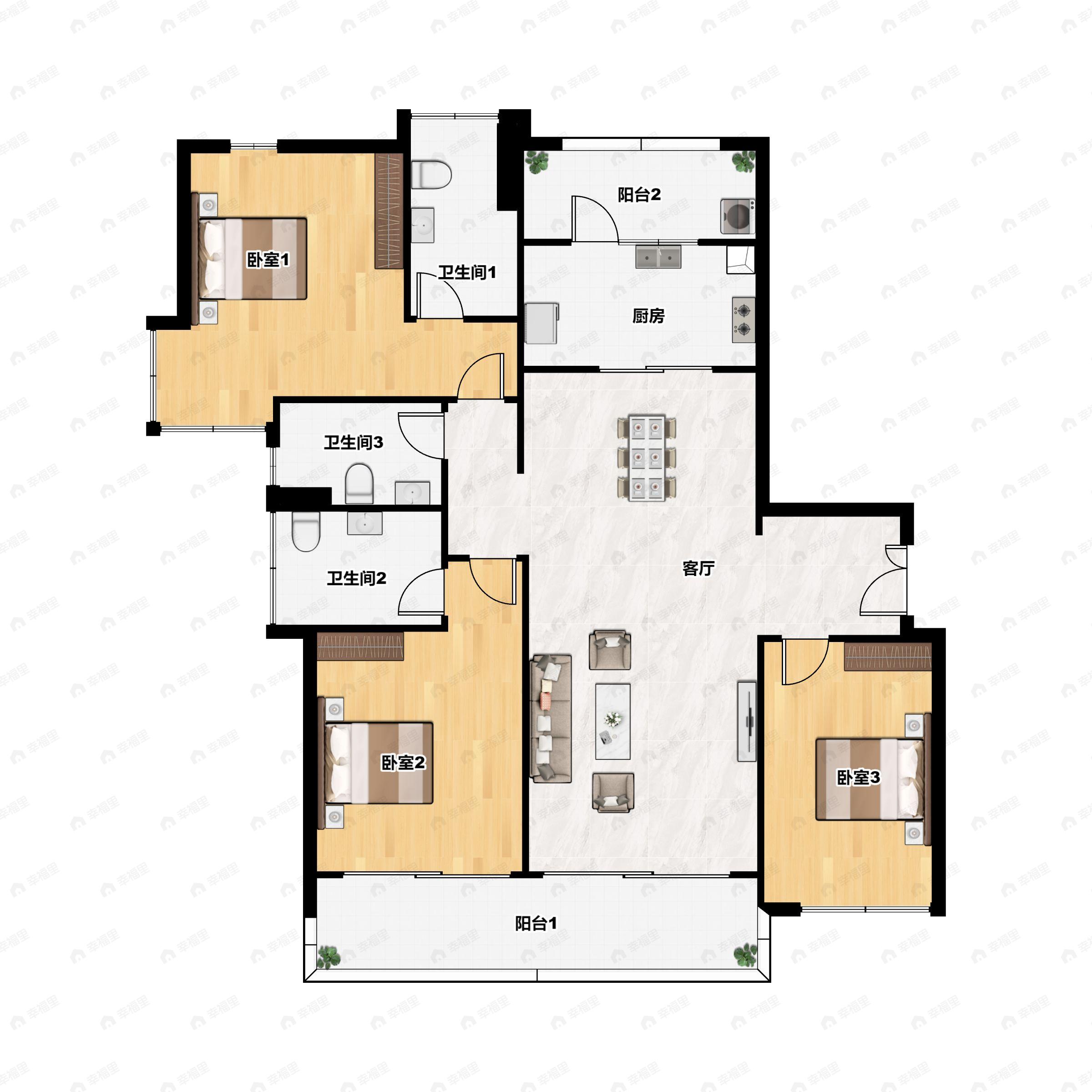 3室2厅3卫建面142平南户型图