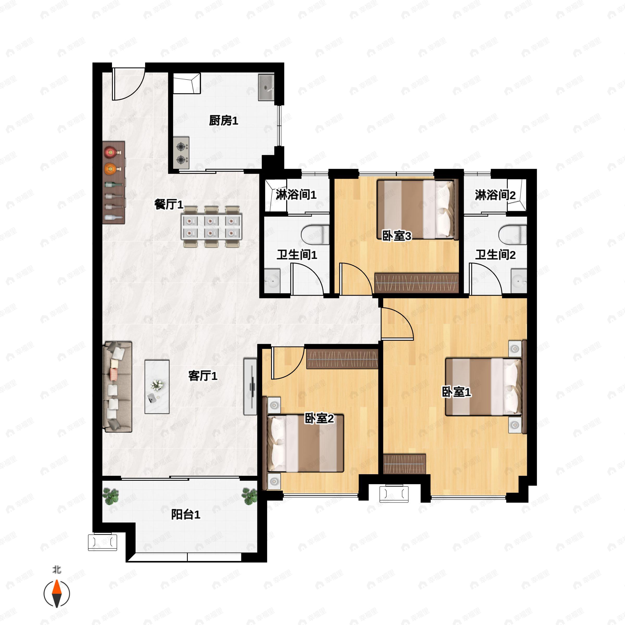 3室2厅2卫建面118m²南|北户型图