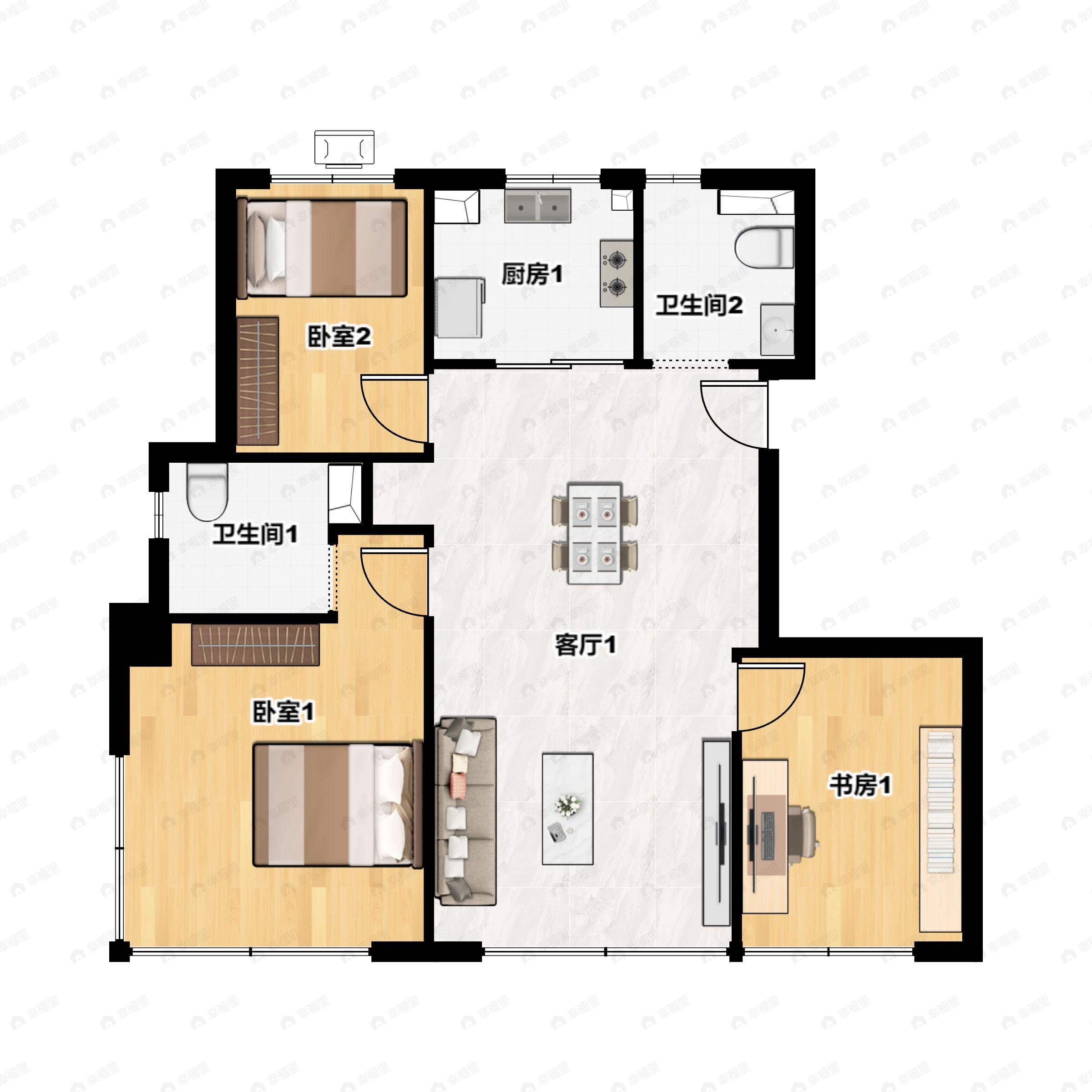 3室2厅2卫建面105m²南|北户型图