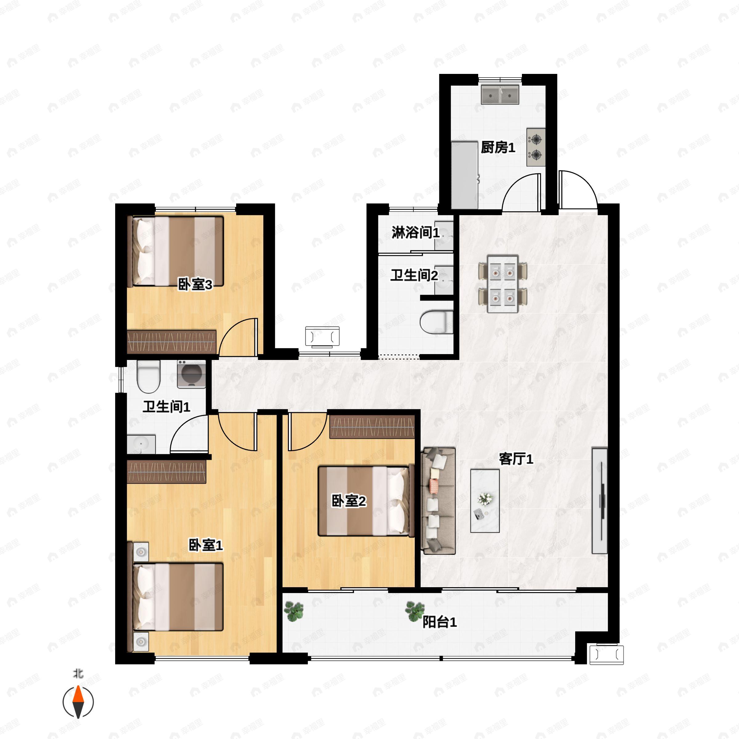 3室2厅2卫建面136m²南户型图