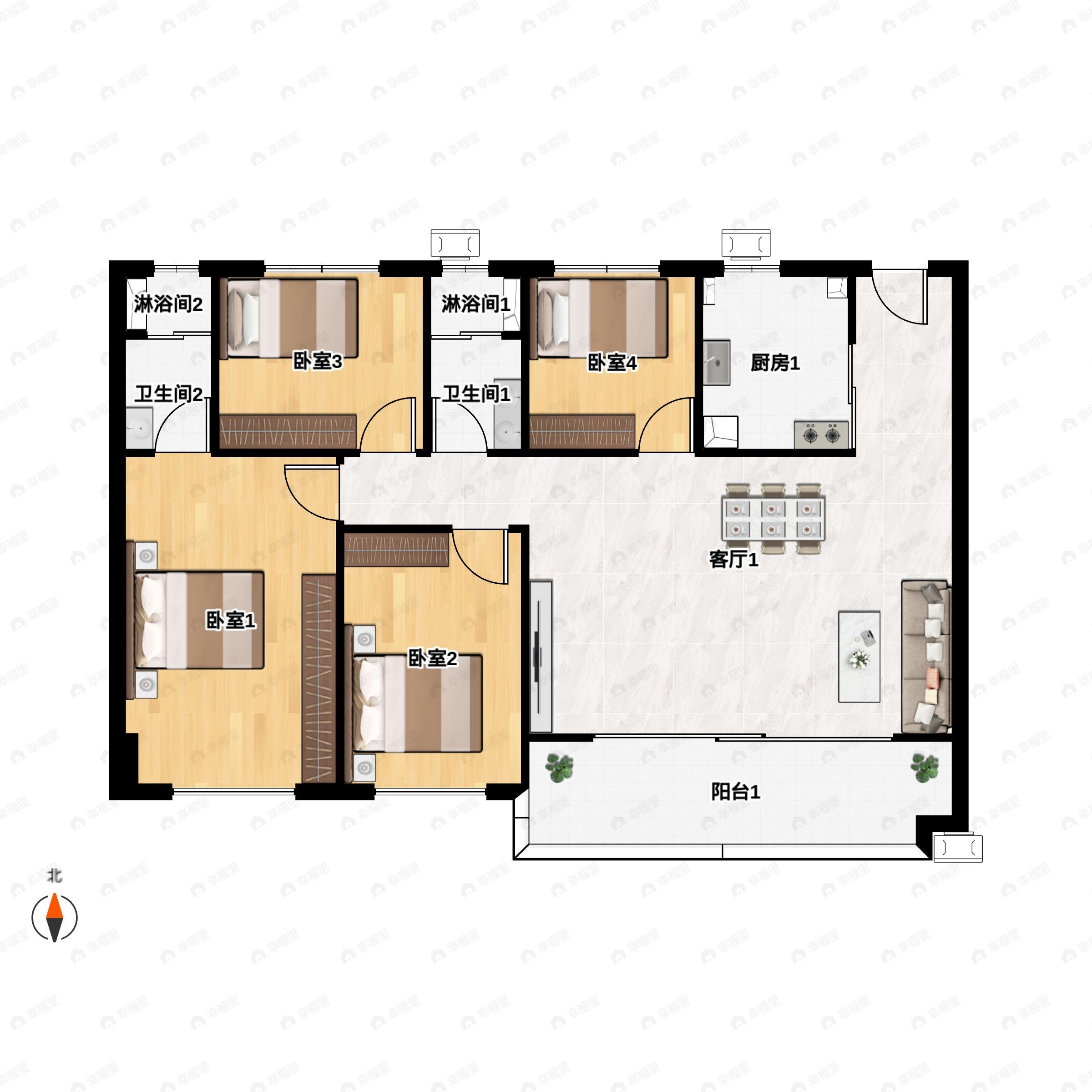 4室2厅2卫建面142平户型图