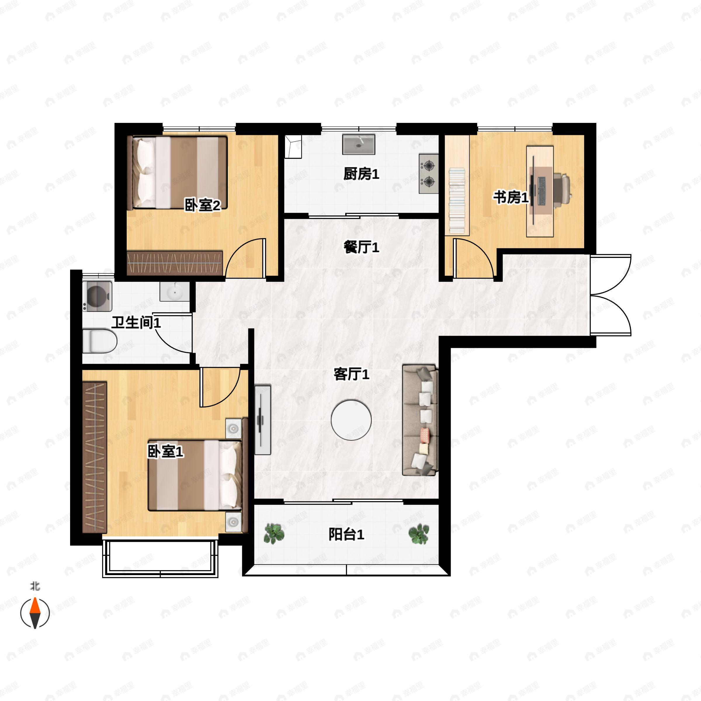 3室2厅1卫建面115平北|南户型图