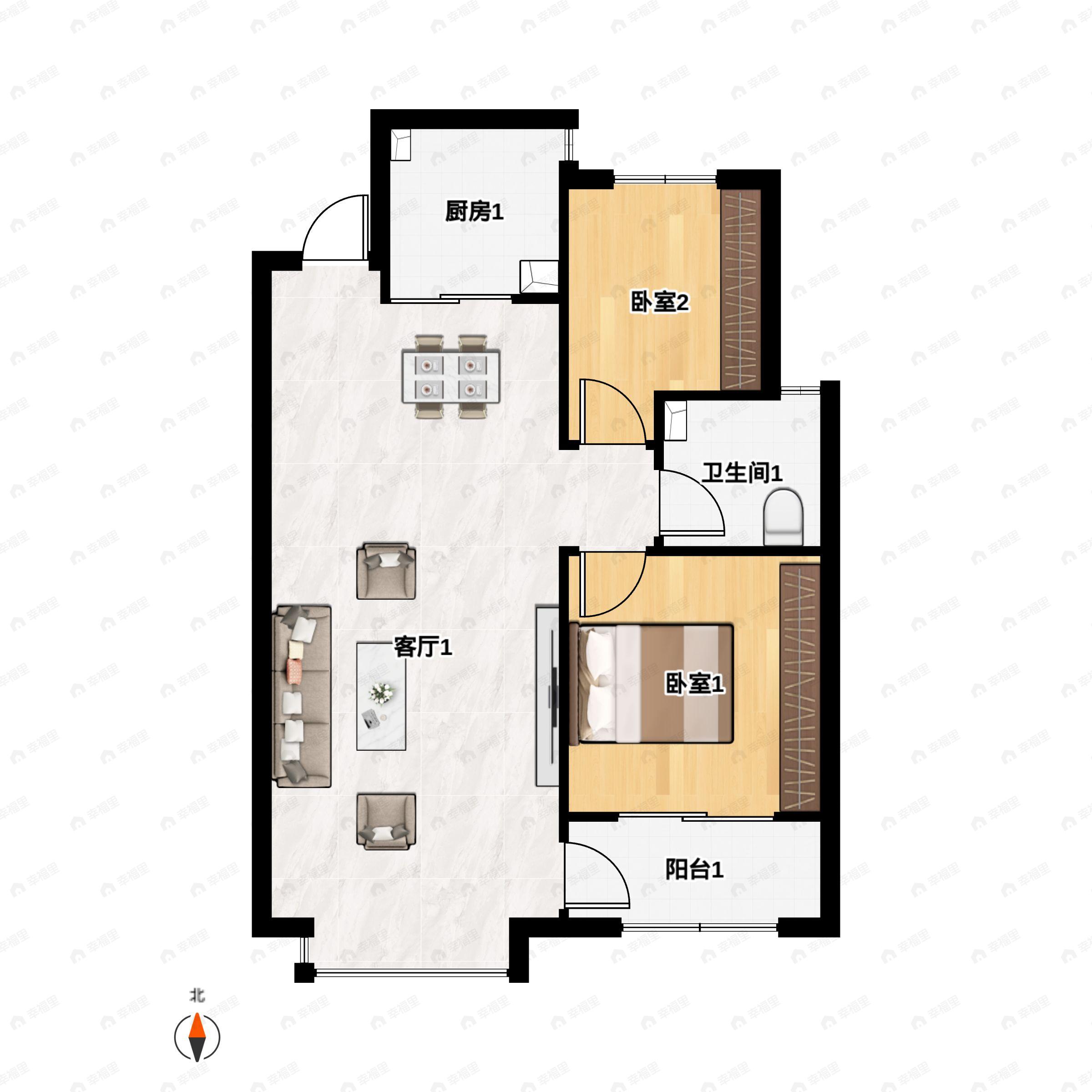 2室2厅1卫建面96m²户型图