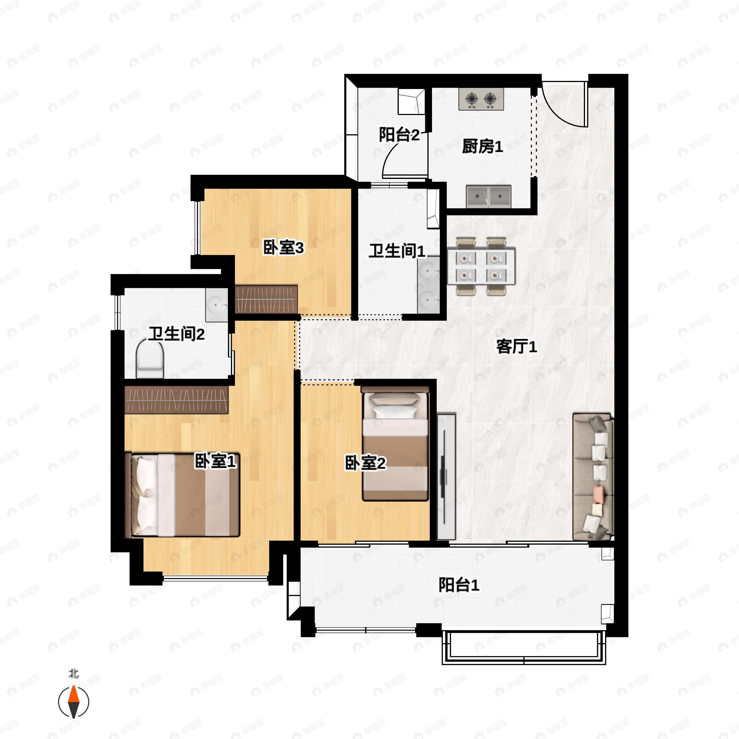 3室2厅2卫建面97m²南户型图