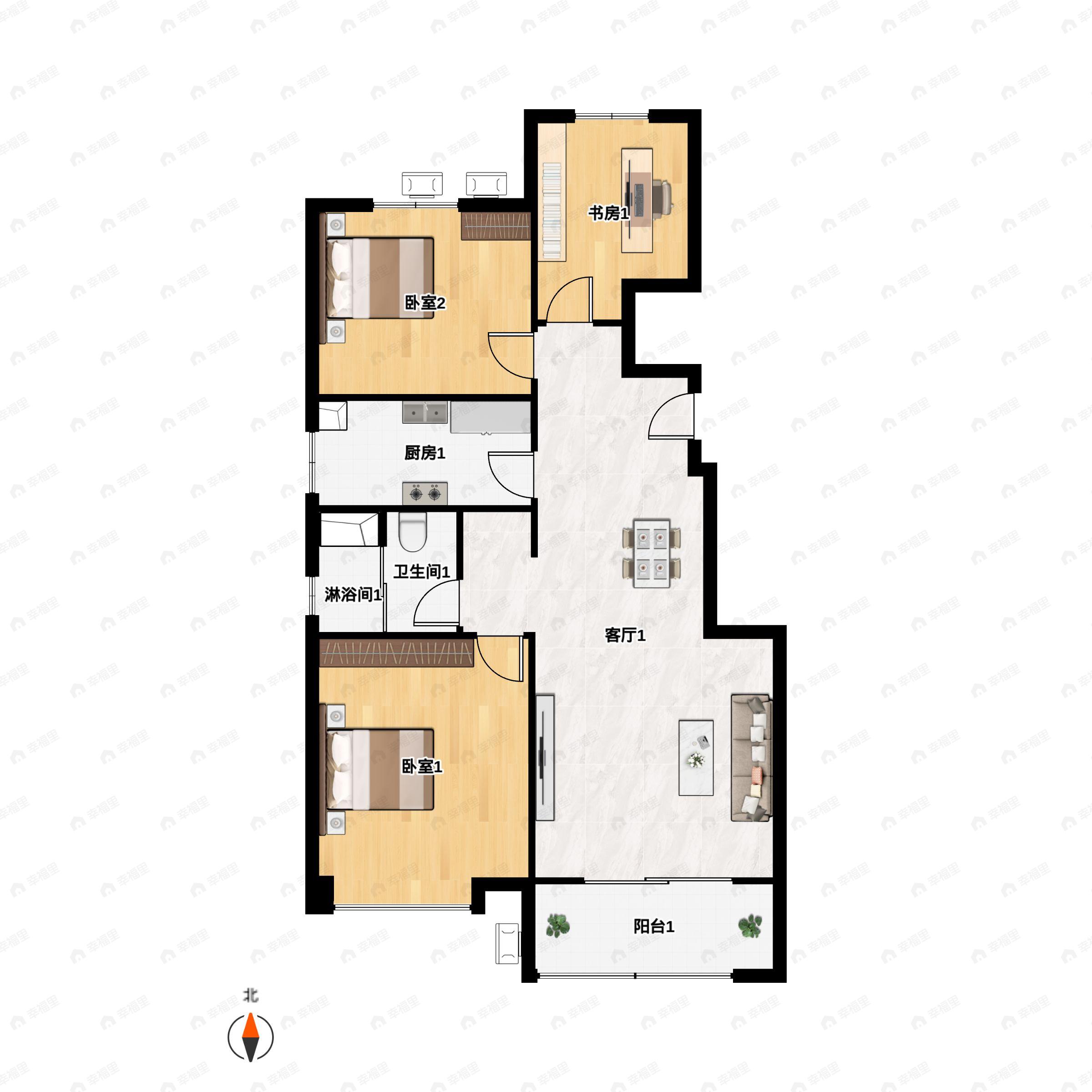 3室2厅1卫建面105m²南|北户型图