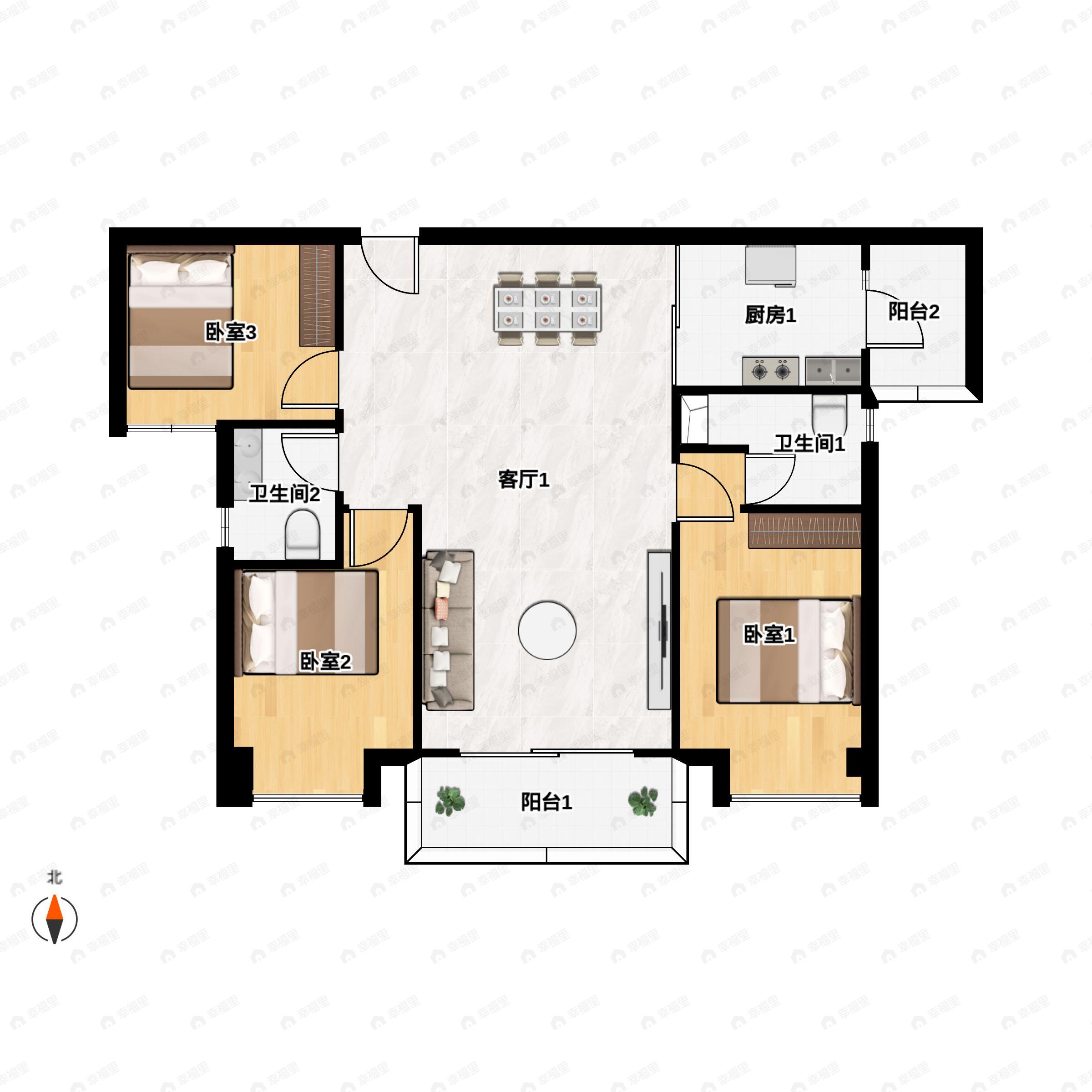 3室2厅2卫建面103m²南户型图