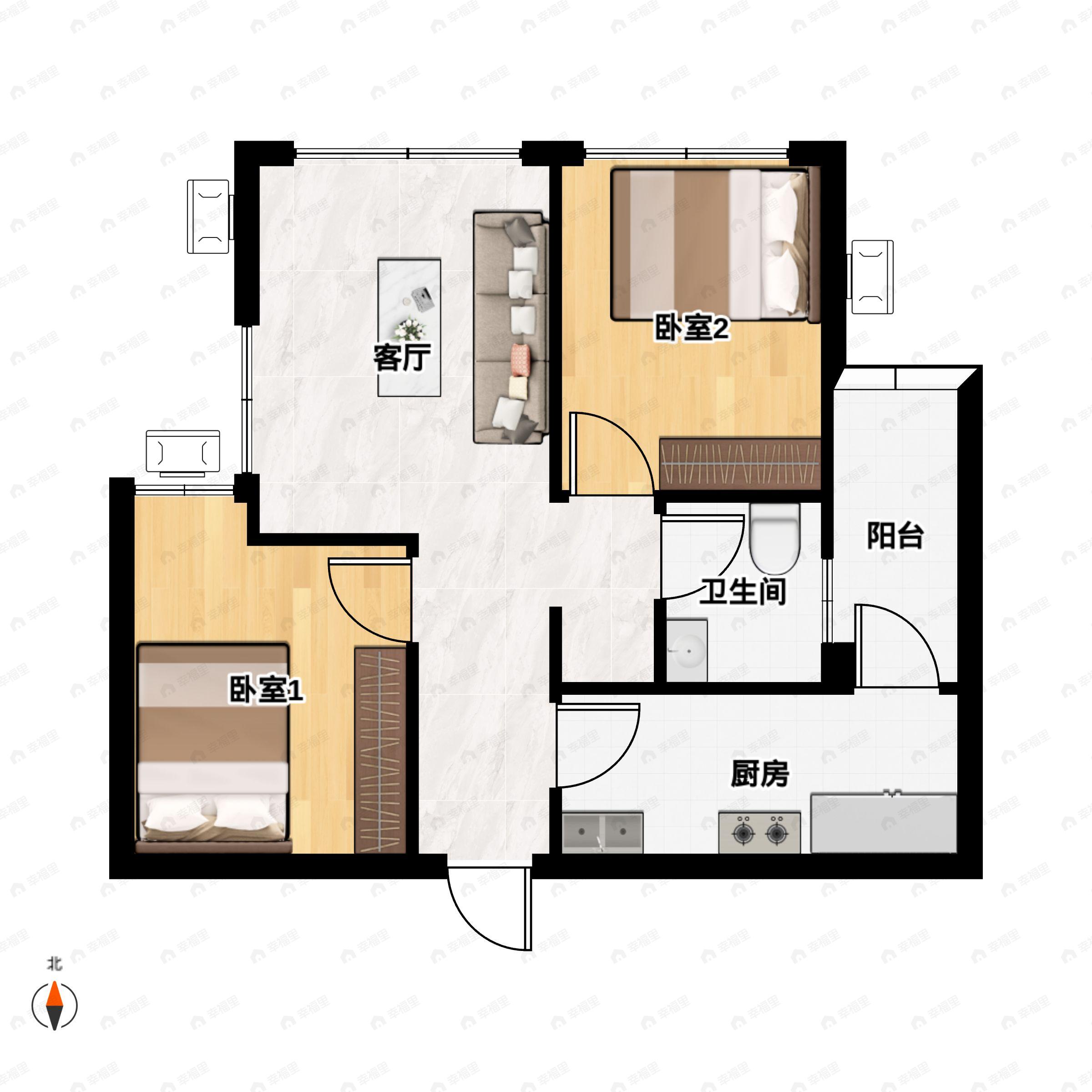 2室2厅1卫建面50m²南户型图