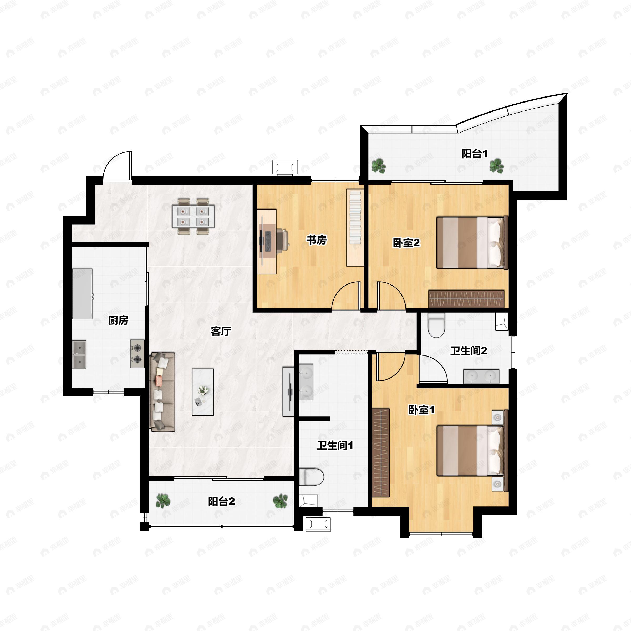 3室2厅2卫建面122平南|北户型图